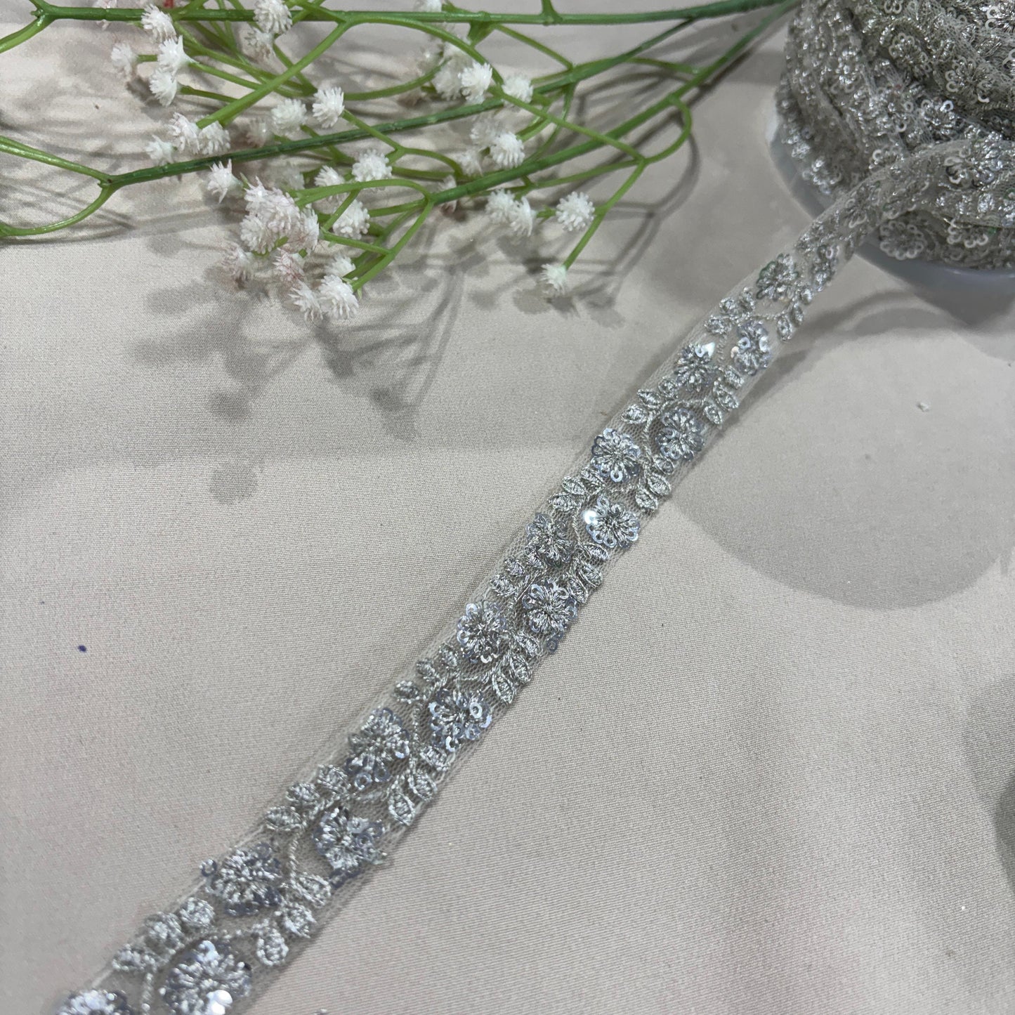 Silver Floral Sequins Embroidery Lace 15797