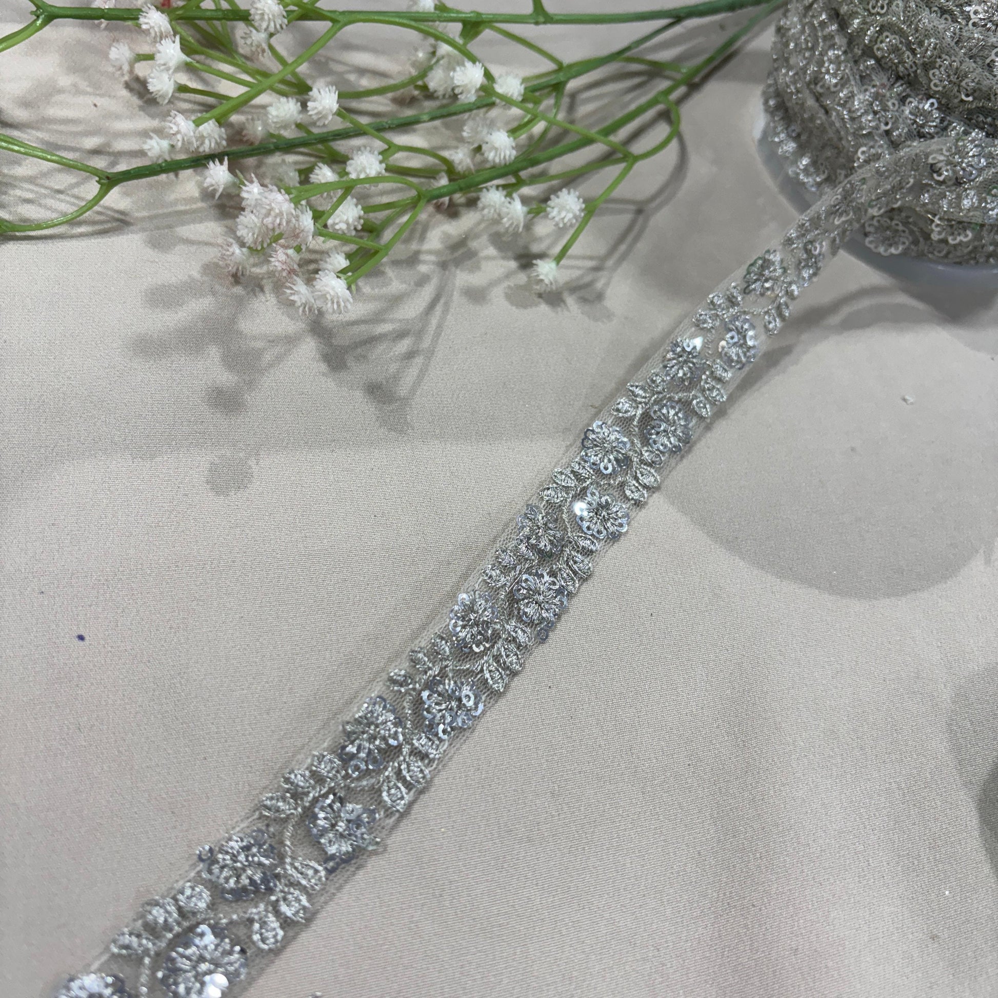 Silver Floral Sequins Embroidery Lace 15797