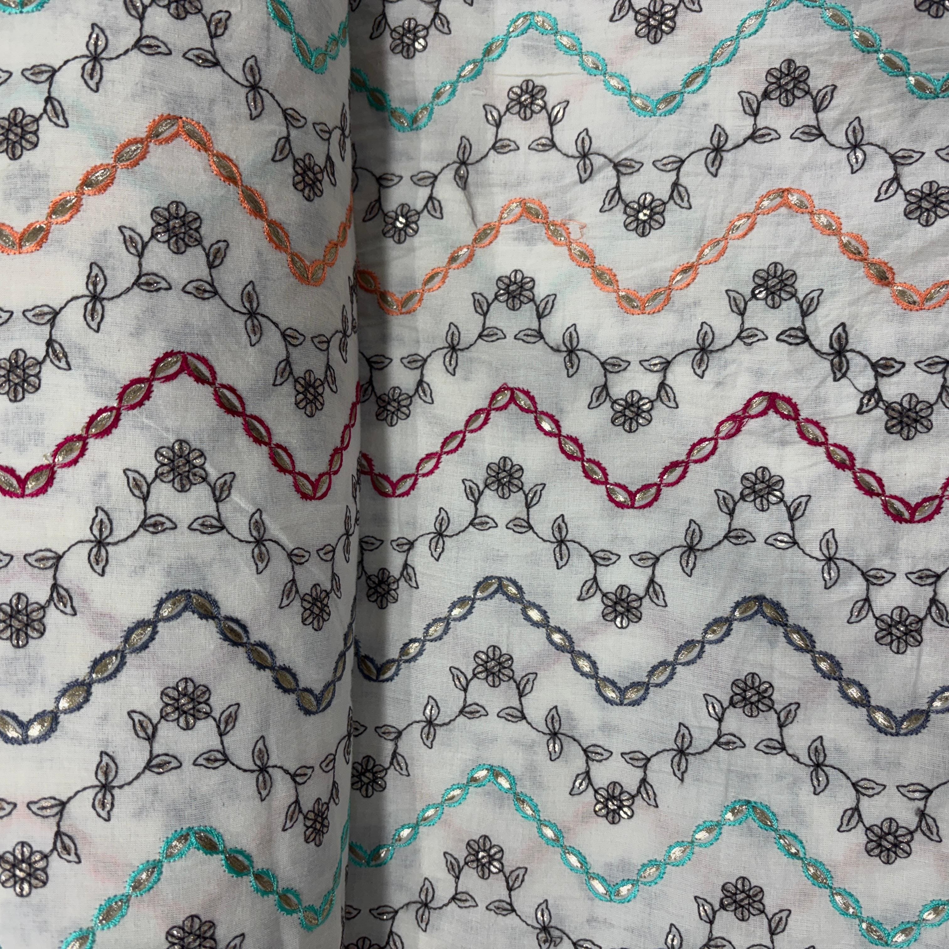 Off White & Multicolor Floral Embroidery With Border Cotton Fabric 11053