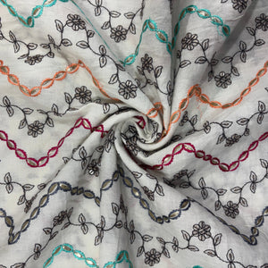 Off White & Multicolor Floral Embroidery With Border Cotton Fabric 11053
