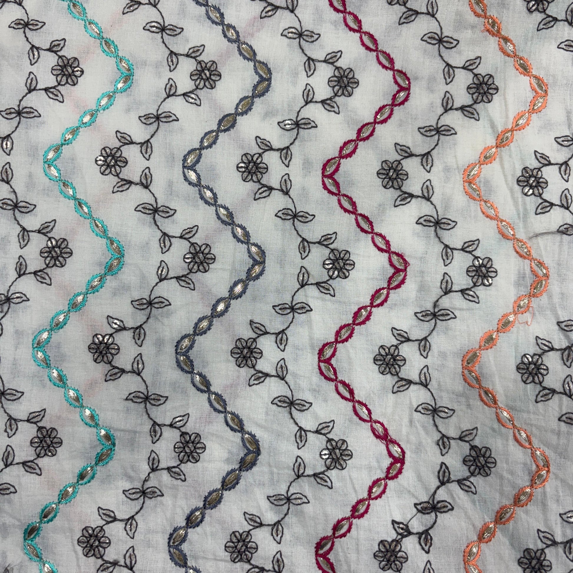 Off White & Multicolor Floral Embroidery With Border Cotton Fabric 11053