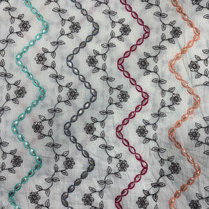 Off White & Multicolor Floral Embroidery With Border Cotton Fabric 11053