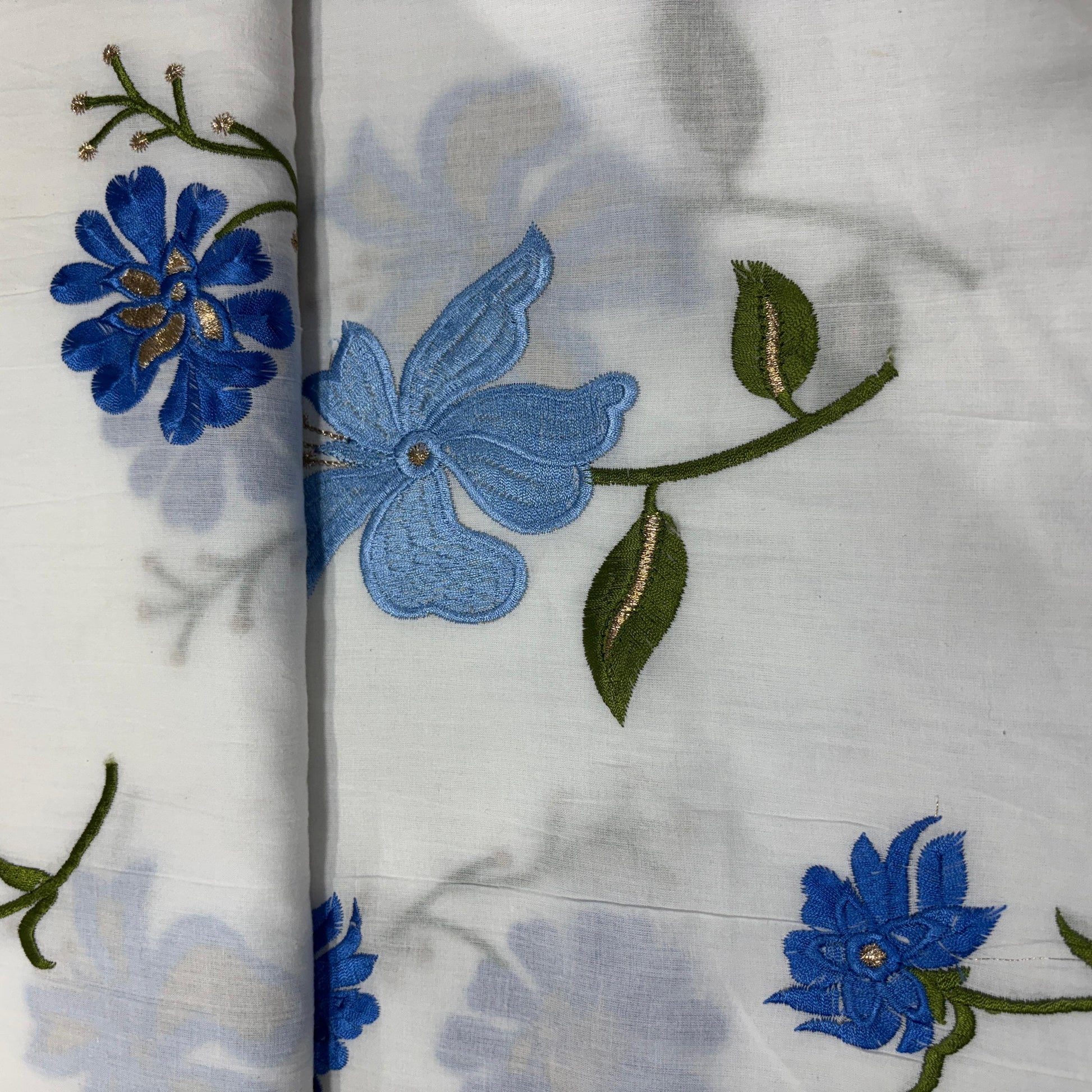 White & Blue Floral Foil Thread Embroidery Cotton Fabric 11700