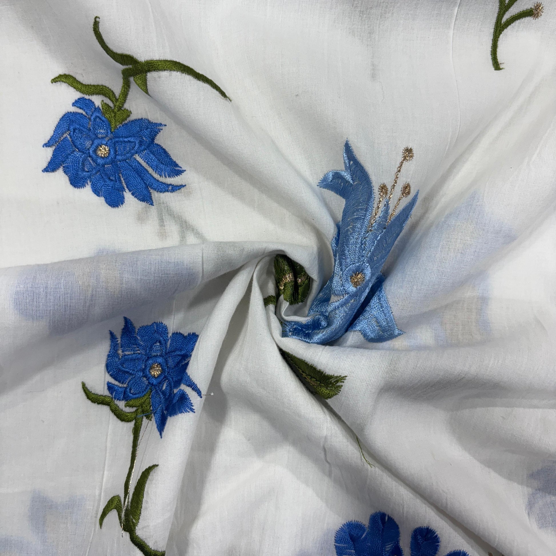 White & Blue Floral Foil Thread Embroidery Cotton Fabric 11700