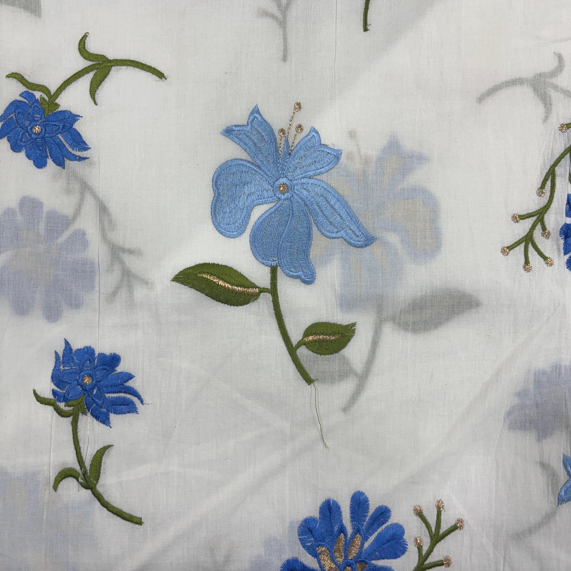 White & Blue Floral Foil Thread Embroidery Cotton Fabric 11700