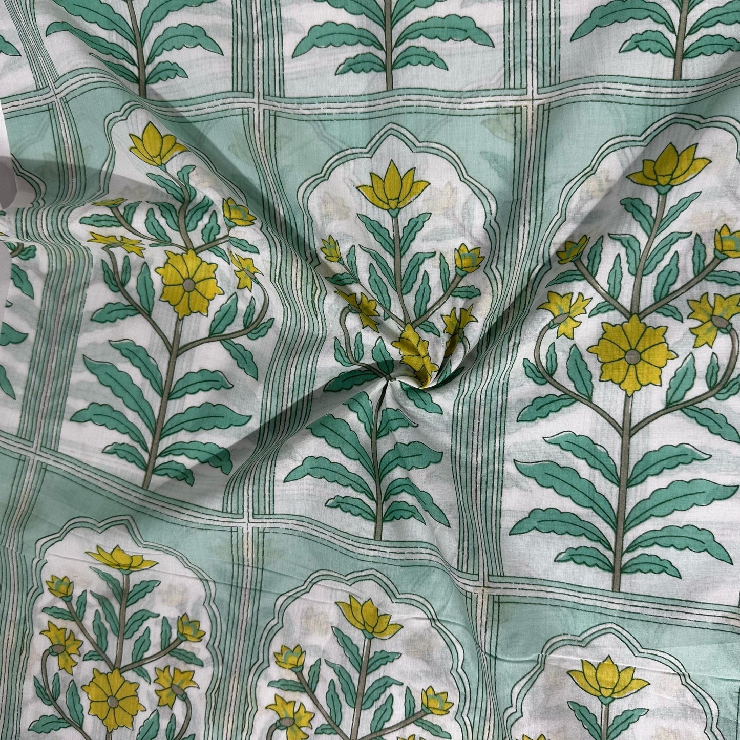 Sea Green Yellow Floral Print Cotton Fabric 23872