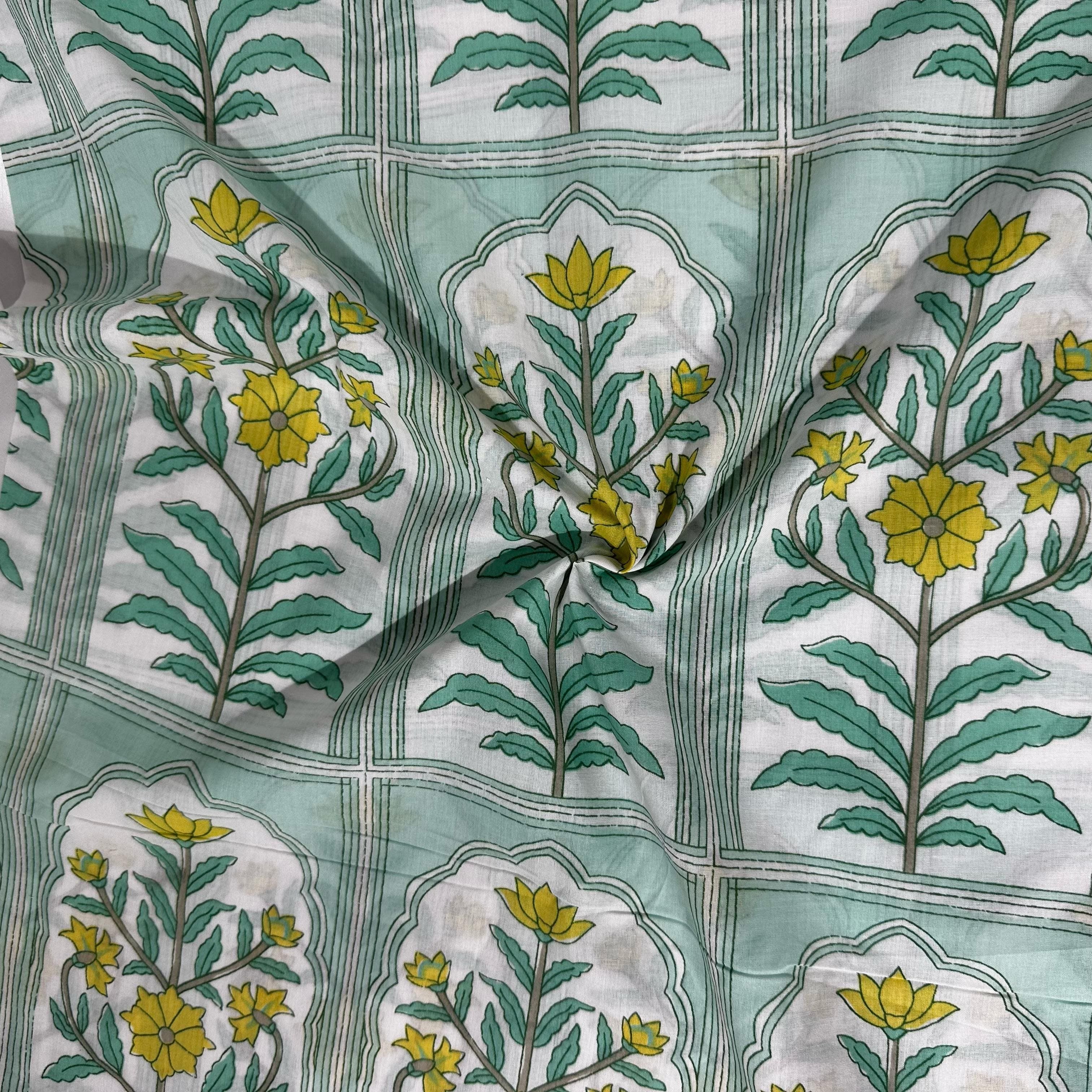 Sea Green Yellow Floral Print Cotton Fabric 23872