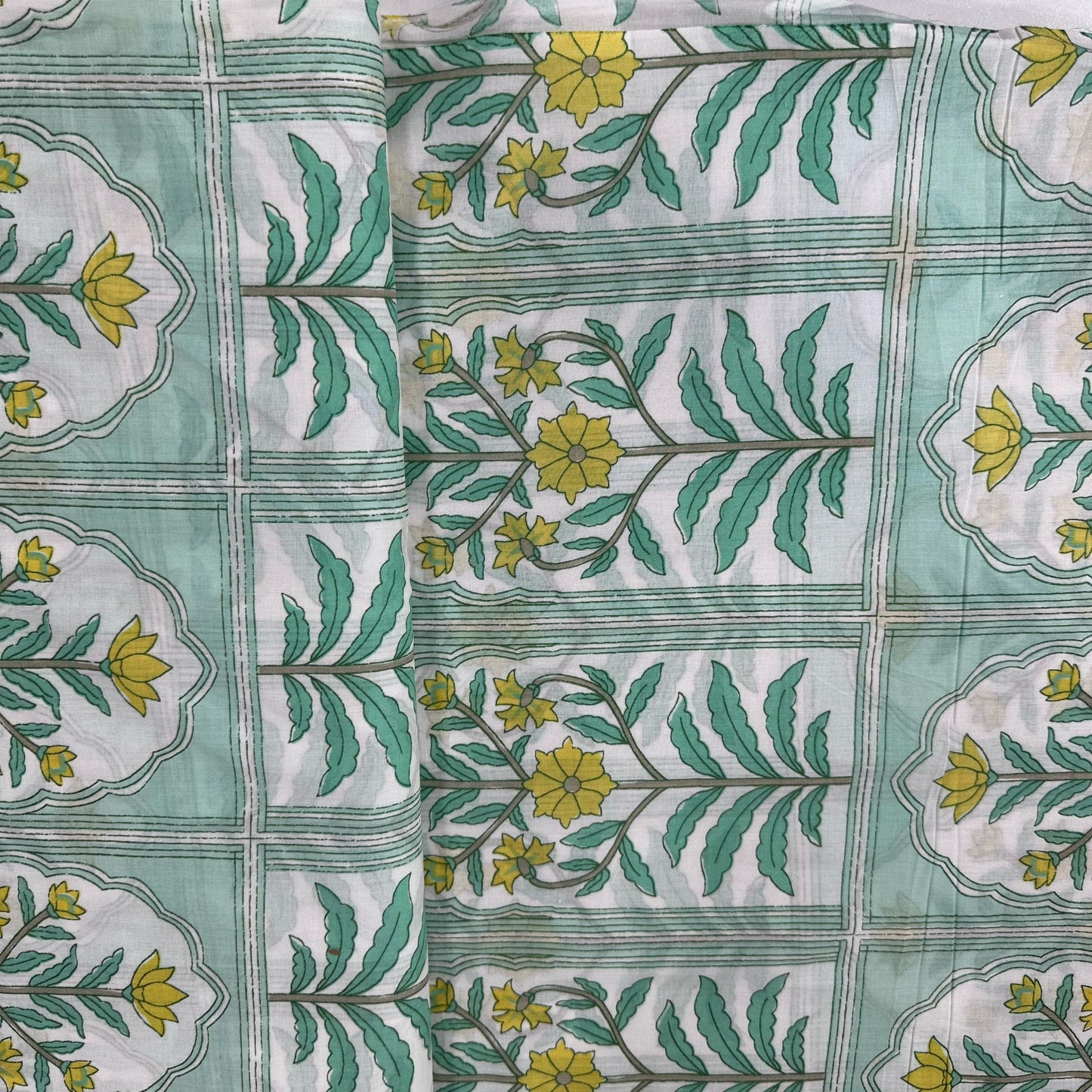 Sea Green Yellow Floral Print Cotton Fabric 23872