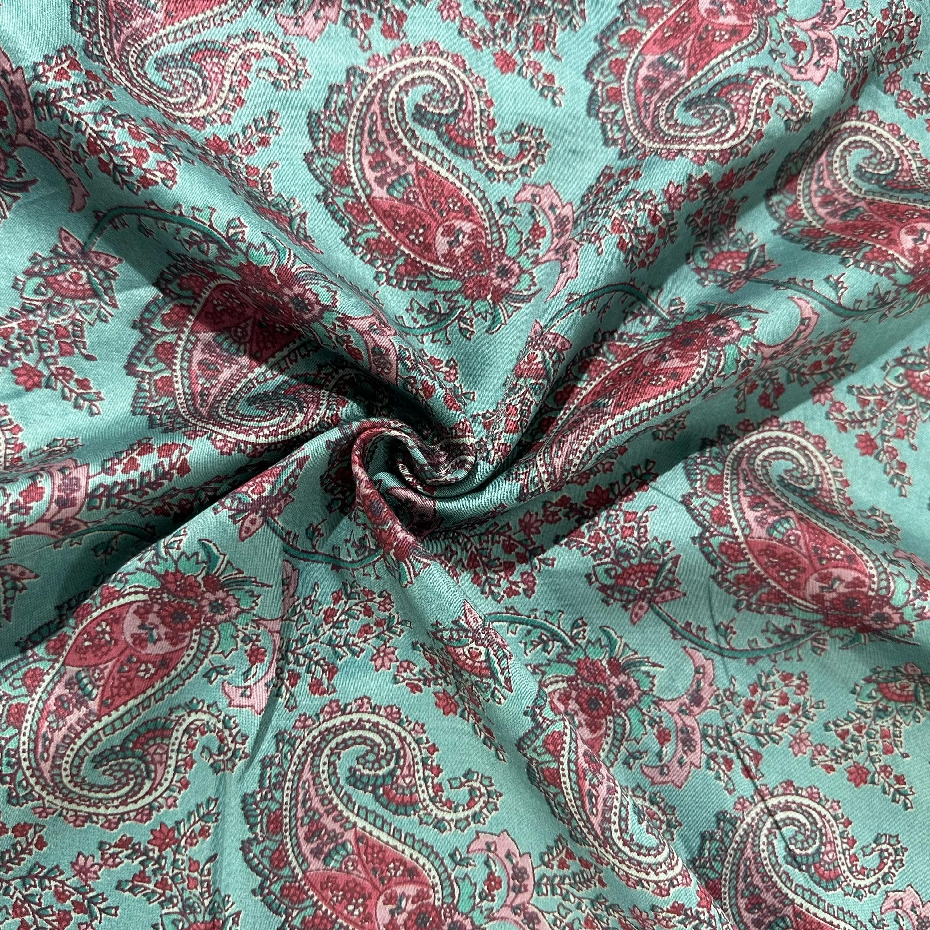 Sea Green Paisley Print Cotton Satin Fabric 23869