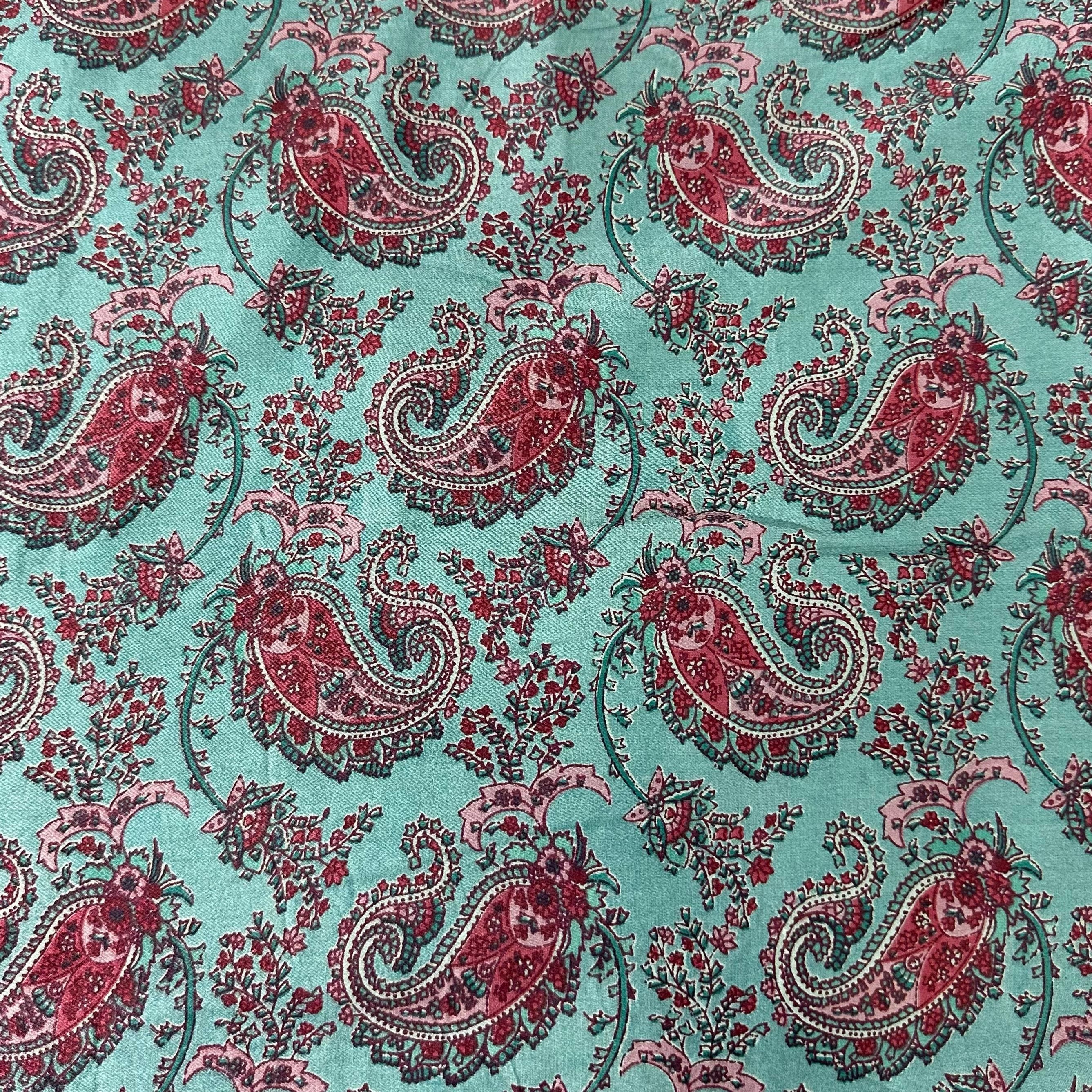Sea Green Paisley Print Cotton Satin Fabric 23869