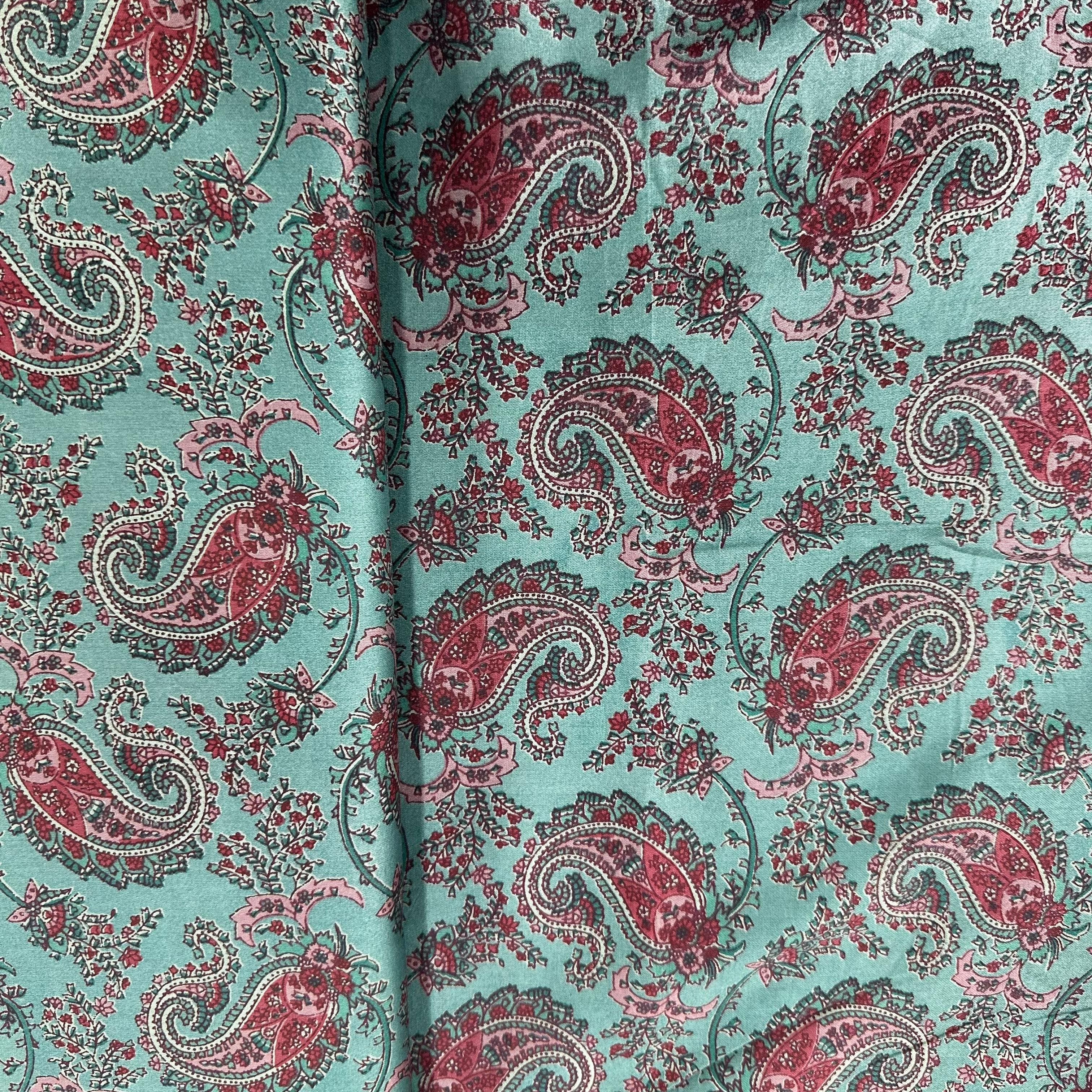 Sea Green Paisley Print Cotton Satin Fabric 23869