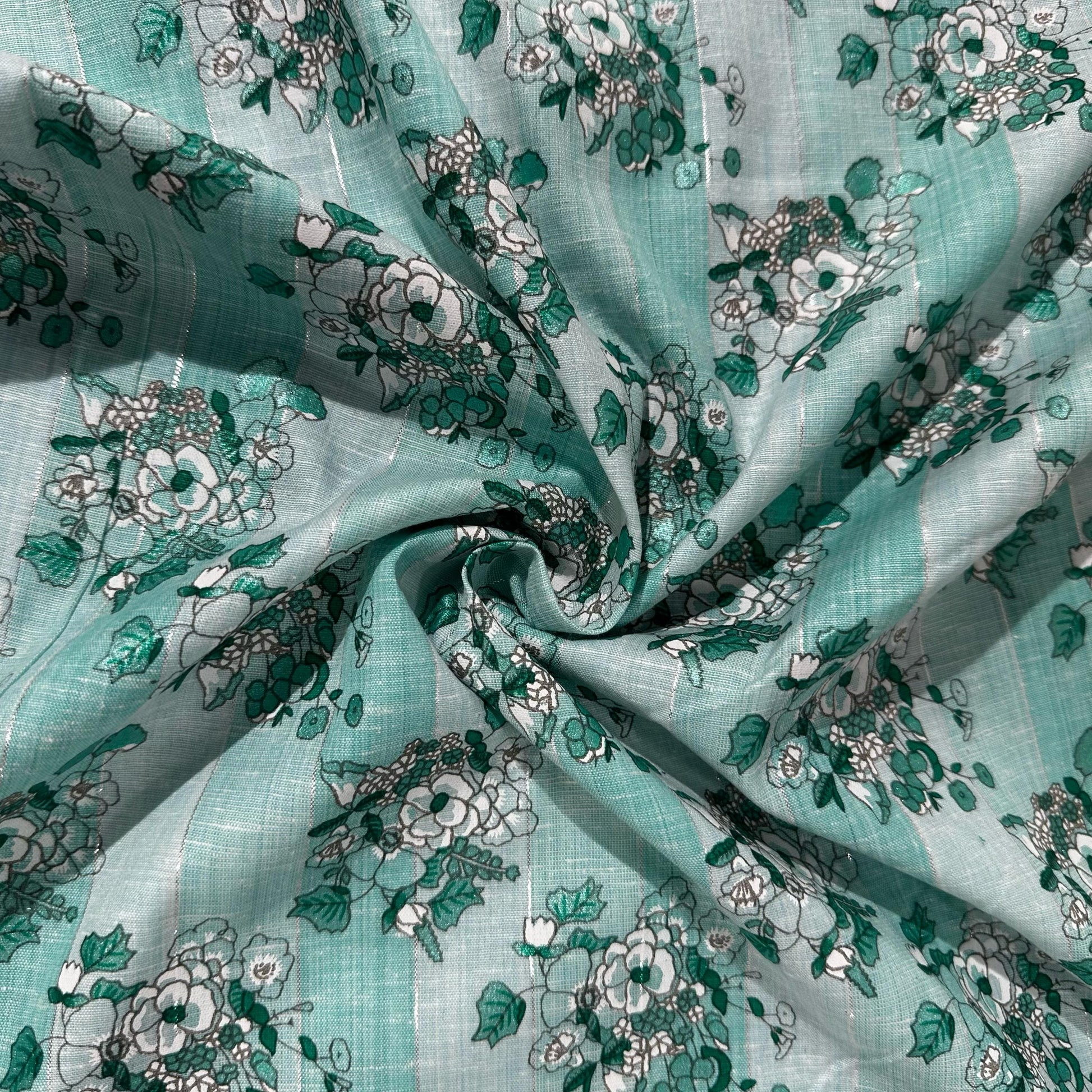 Blue Floral Print Lurex Cotton Fabric 23789