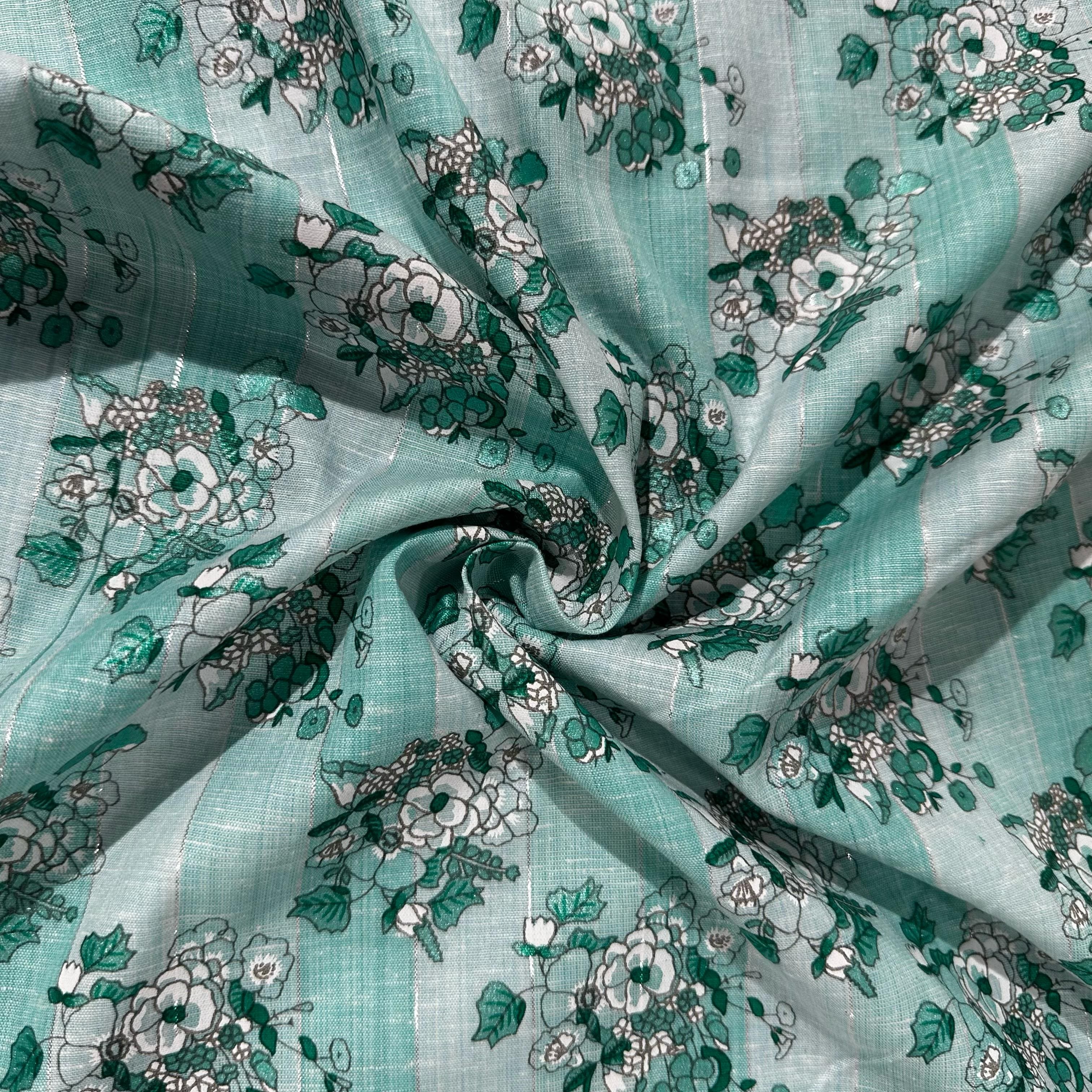 Blue Floral Print Lurex Cotton Fabric 23789