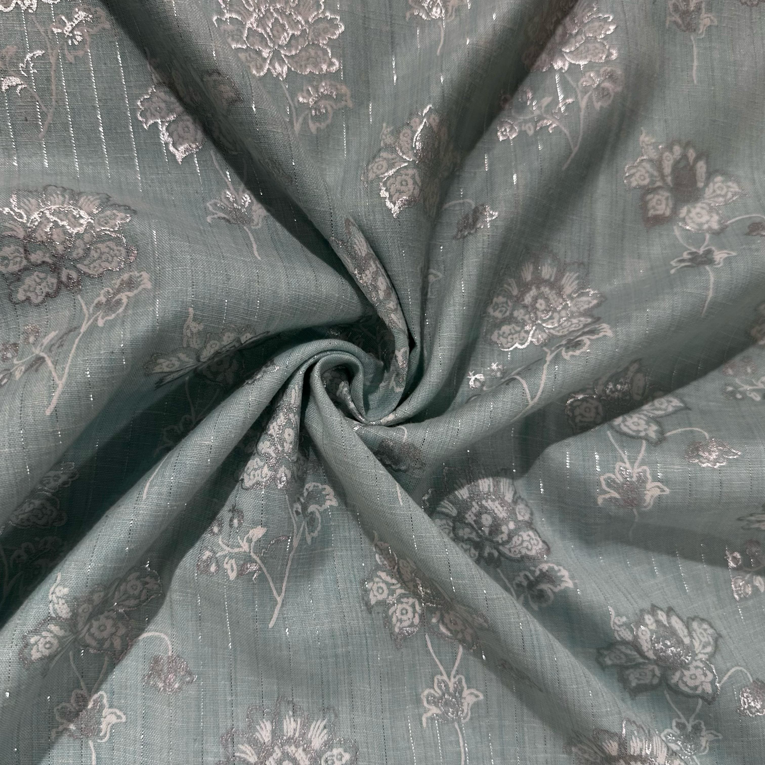 Sky Blue Floral Print Lurex Cotton Fabric 23787