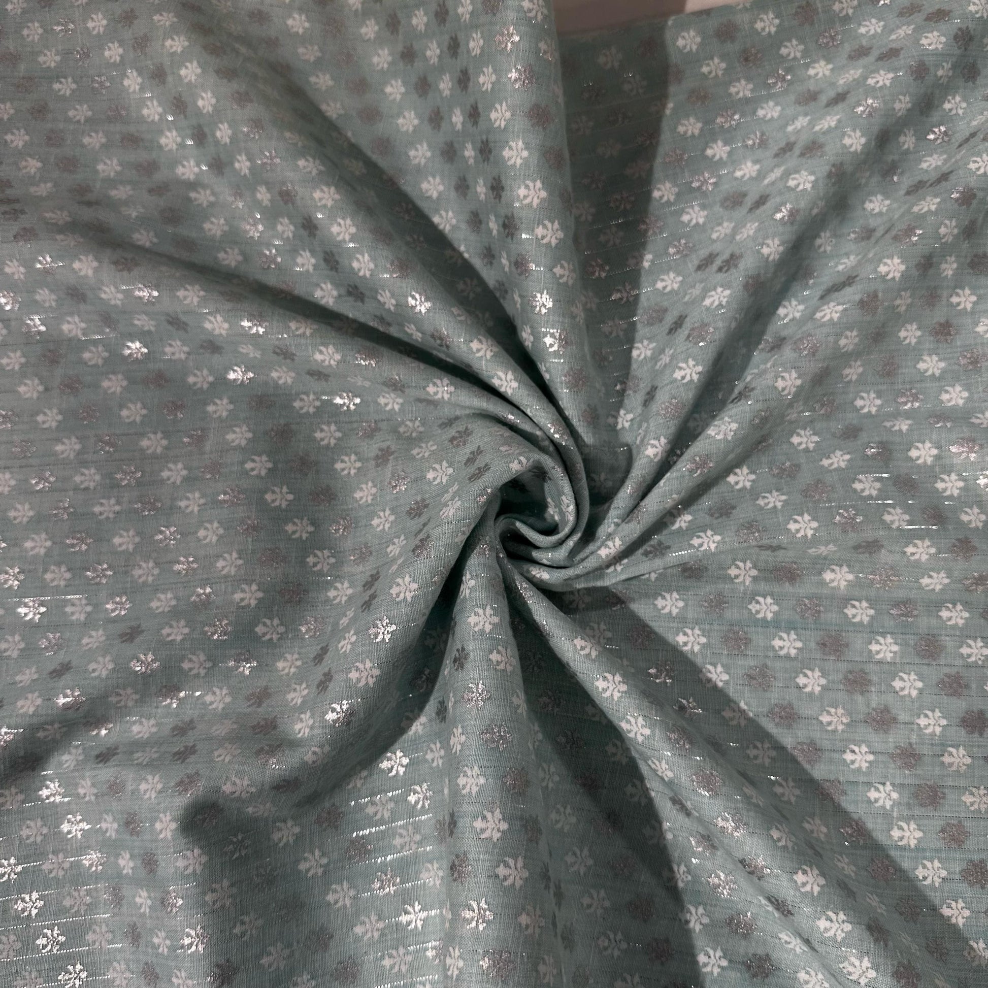 Sky Blue Floral Print Lurex Cotton Fabric 23788