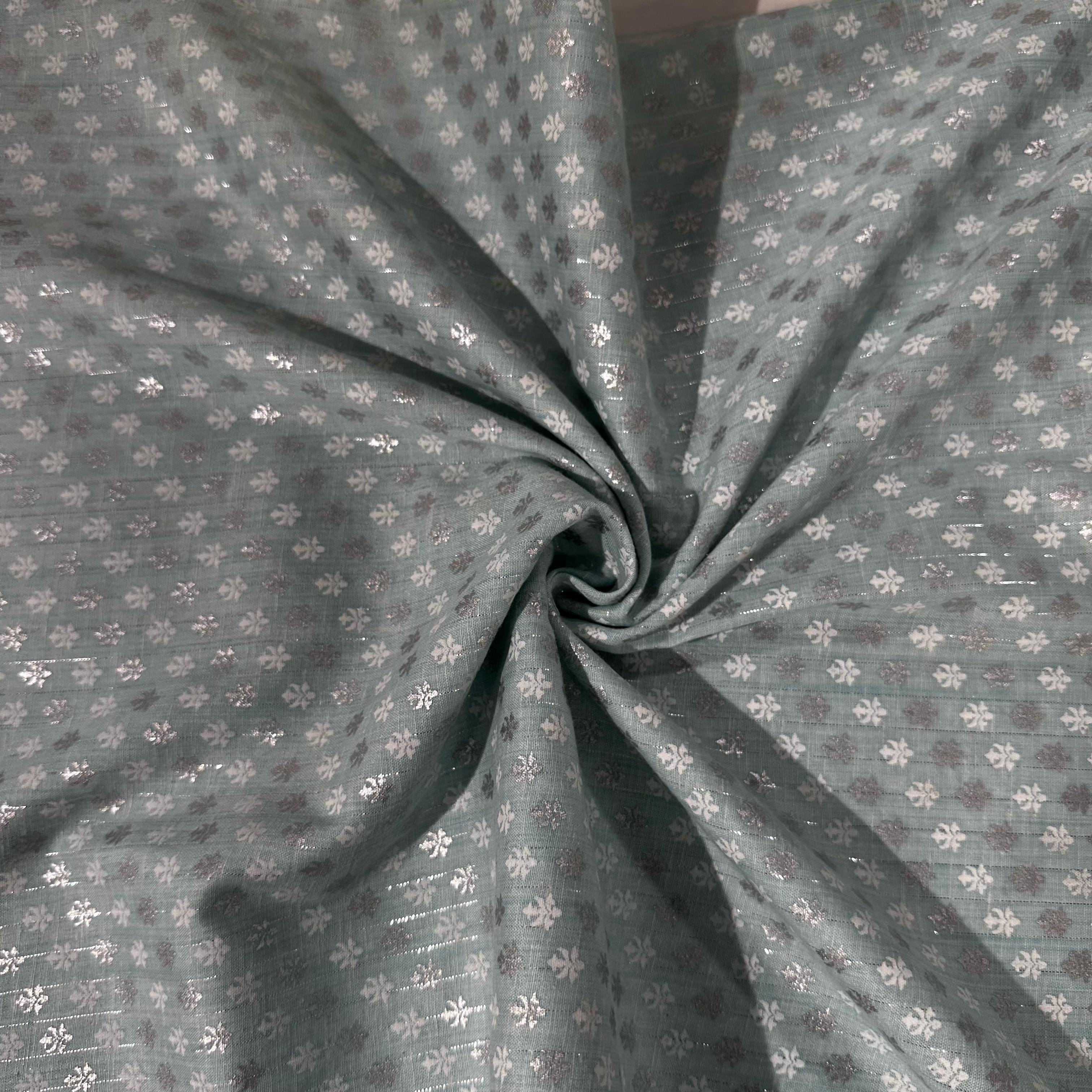 Sky Blue Floral Print Lurex Cotton Fabric 23788