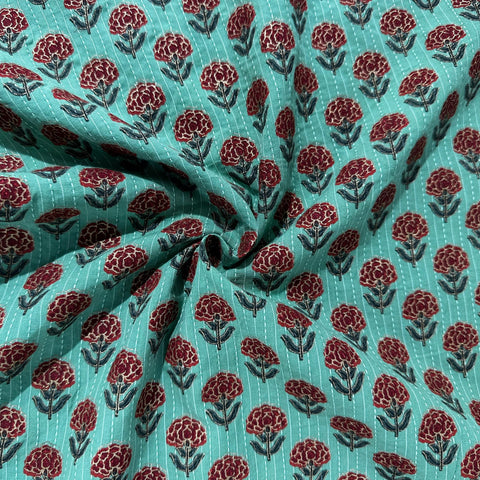 Green Floral Kantha Cotton Fabric 23783