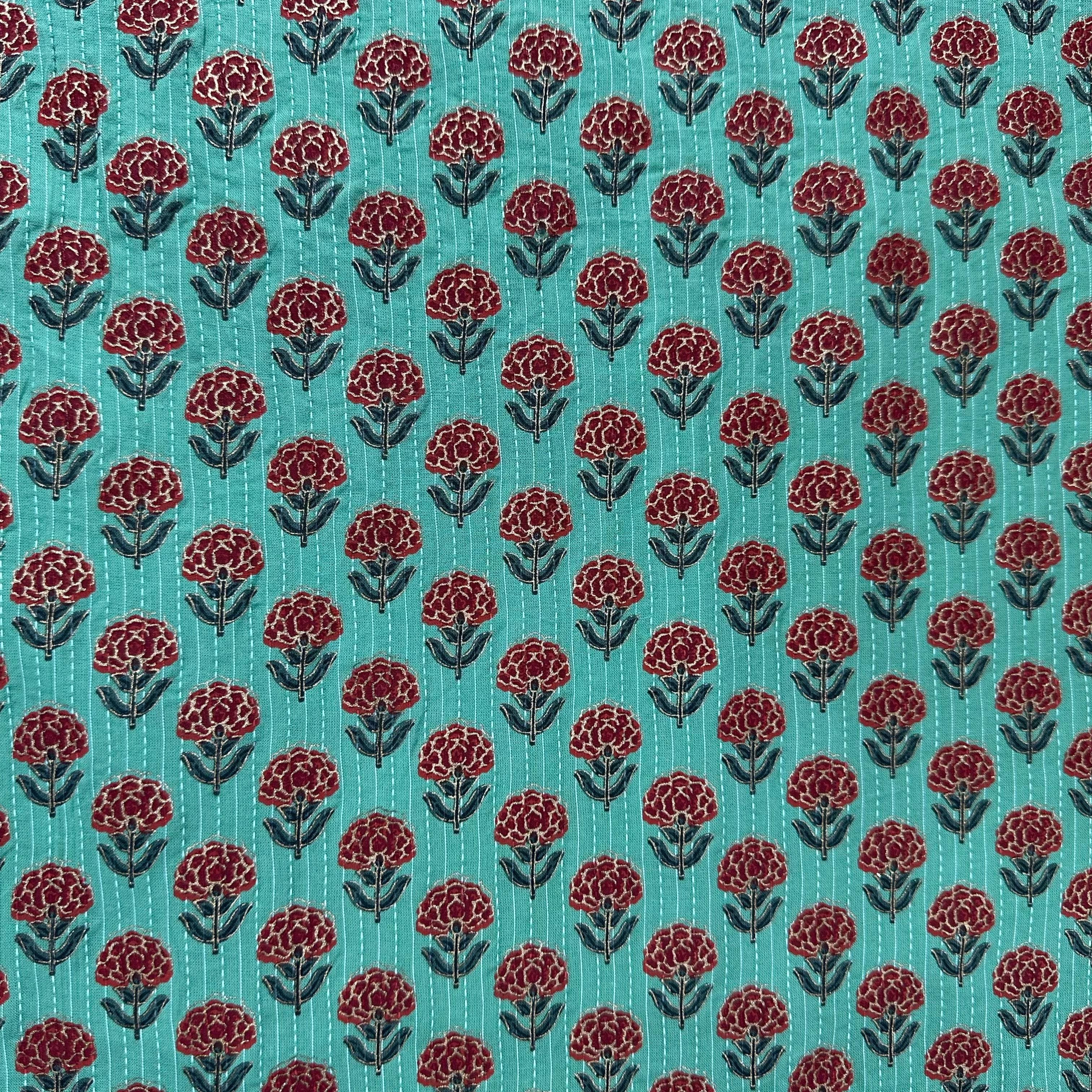Green Floral Kantha Cotton Fabric 23783