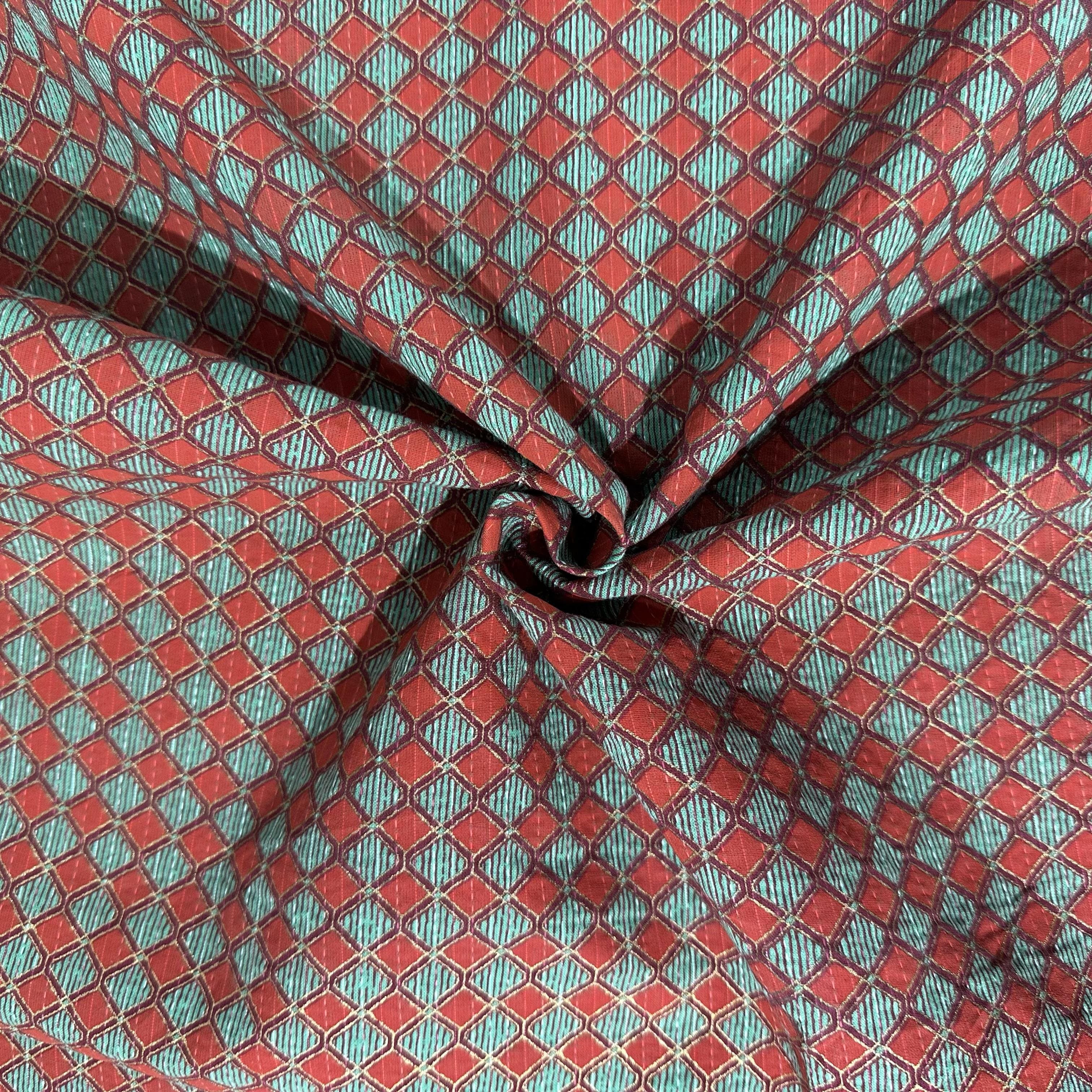 Red & Green Geometrical Print Kantha Cotton Fabric 23784