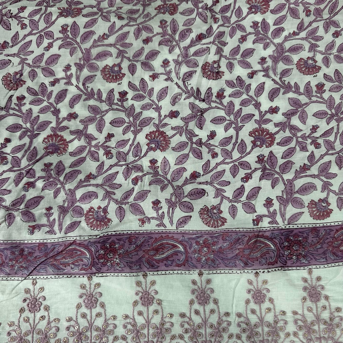 Off White Pink Handblock Thread Embroidery On Border Cotton Fabric 23735