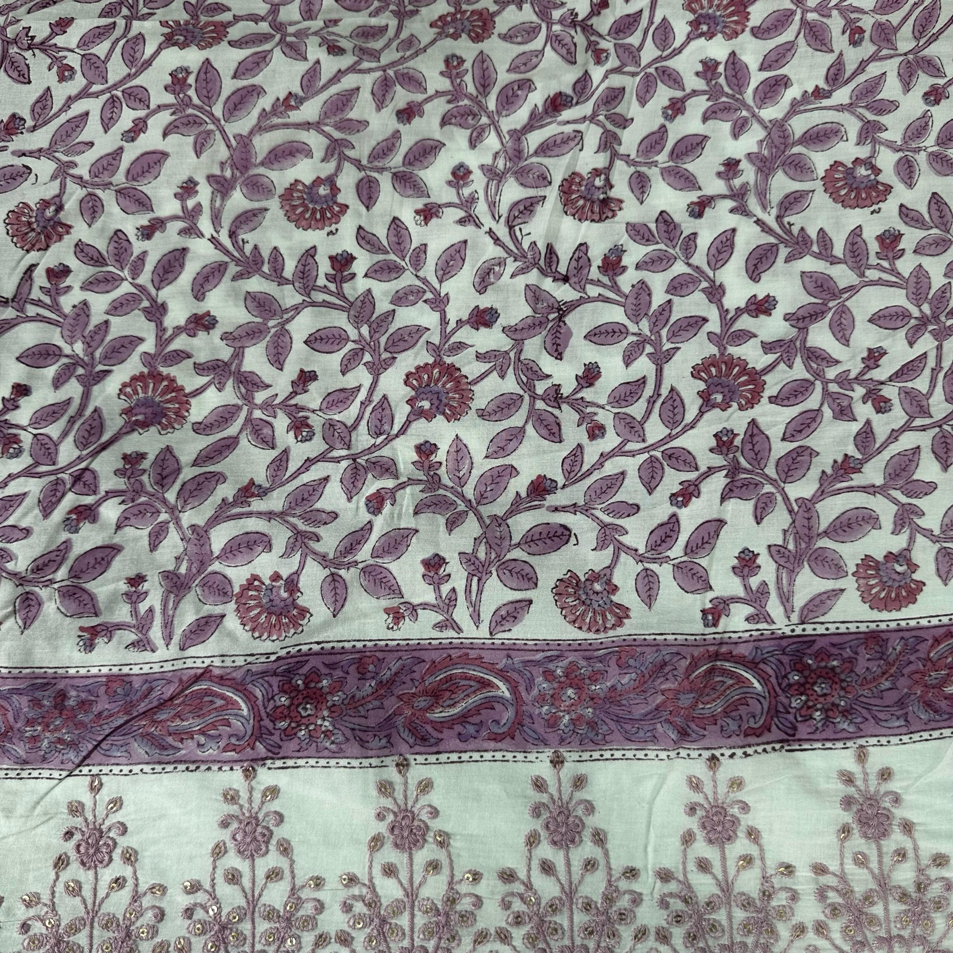 Off White Pink Handblock Thread Embroidery On Border Cotton Fabric 23735