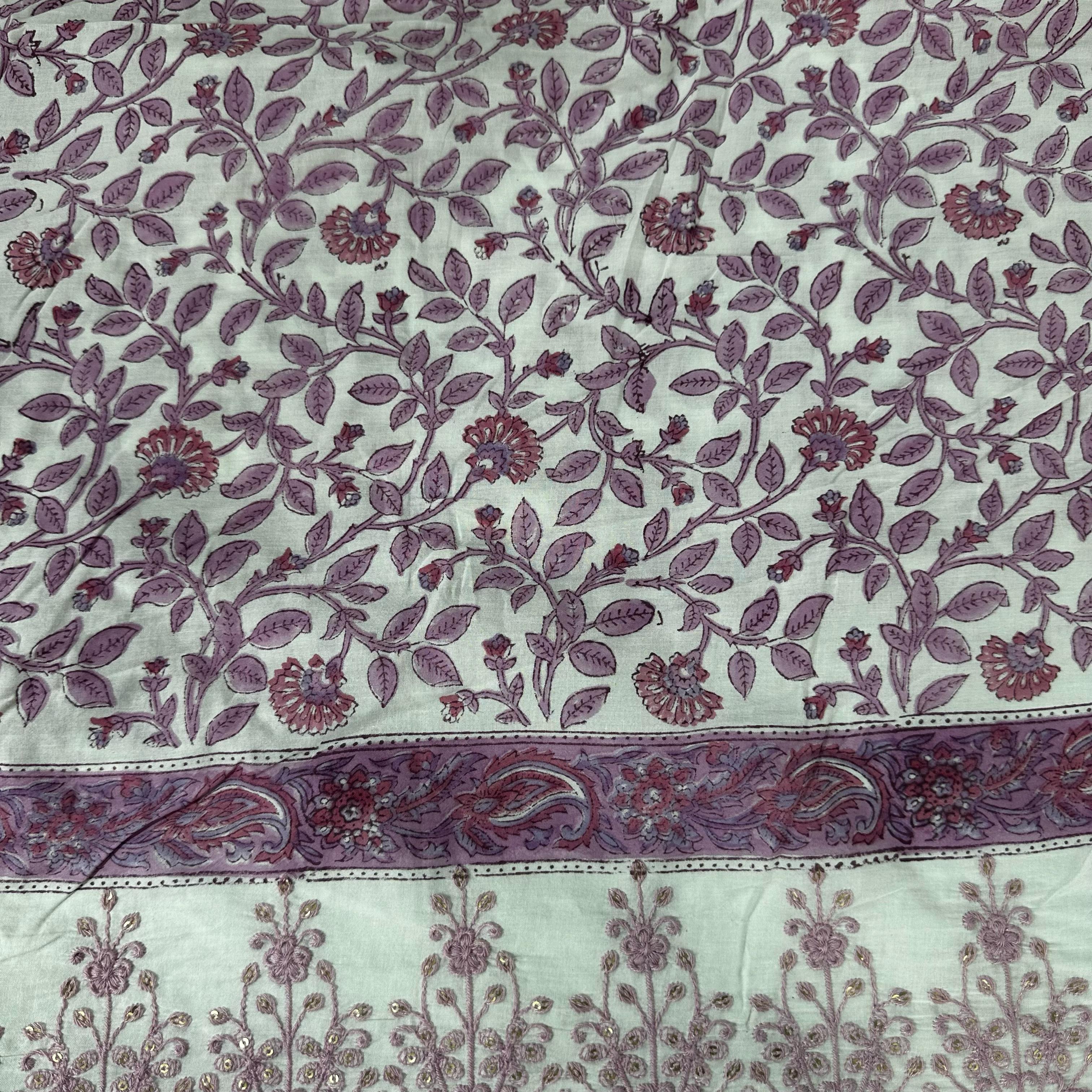 Off White Pink Handblock Thread Embroidery On Border Cotton Fabric 23735