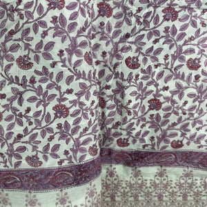 Off White Pink Handblock Thread Embroidery On Border Cotton Fabric 23735