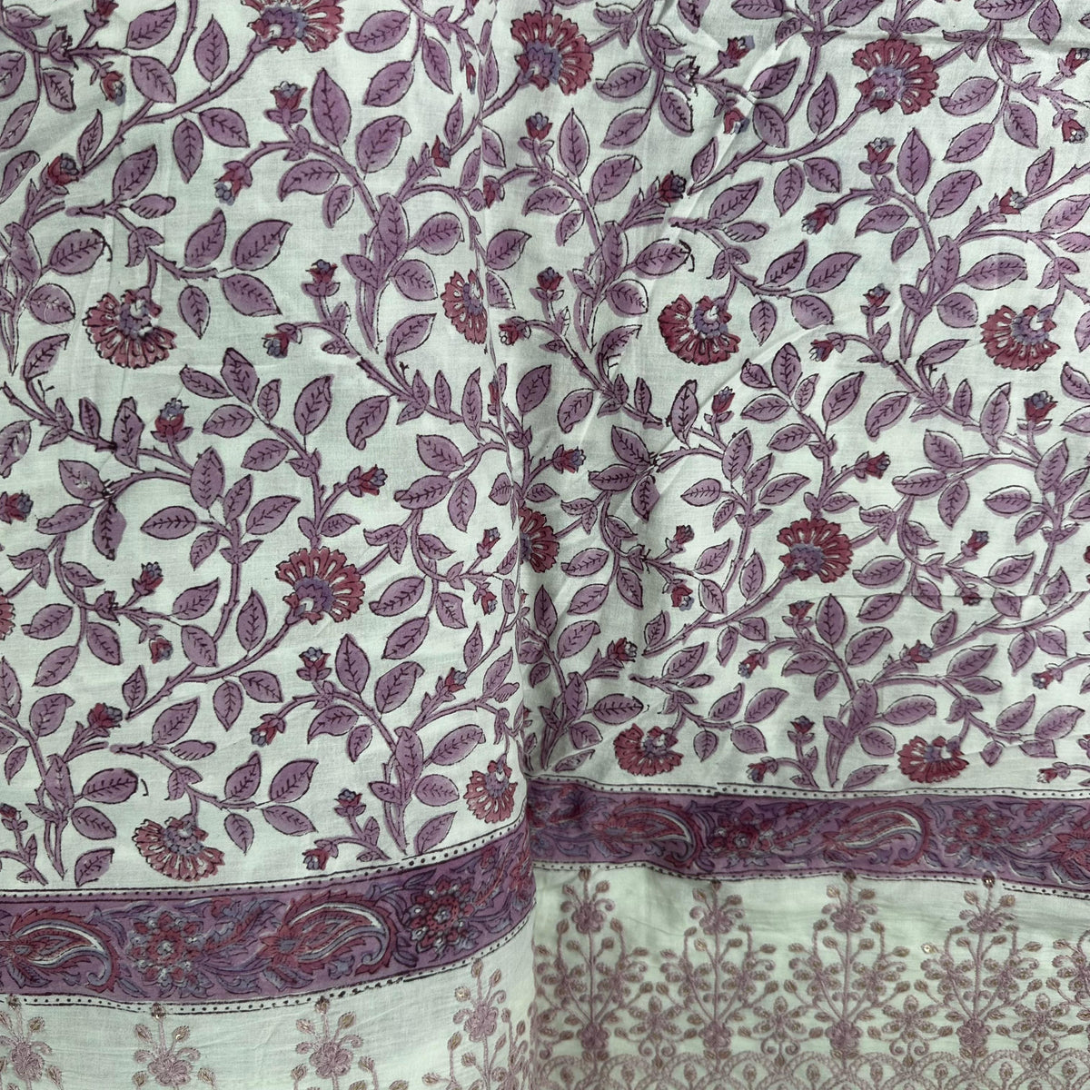 Off White Pink Handblock Thread Embroidery On Border Cotton Fabric 23735