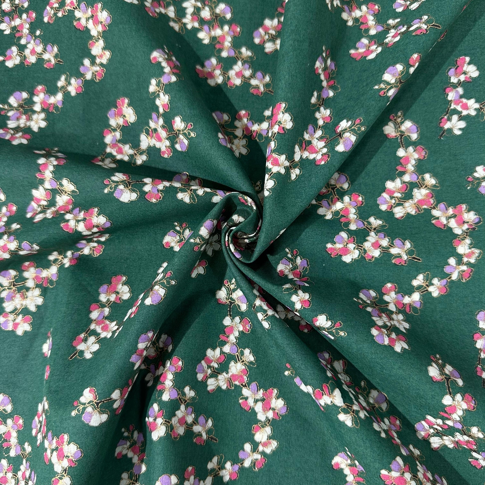 Dark Green Foil Print Cotton Fabric 23763