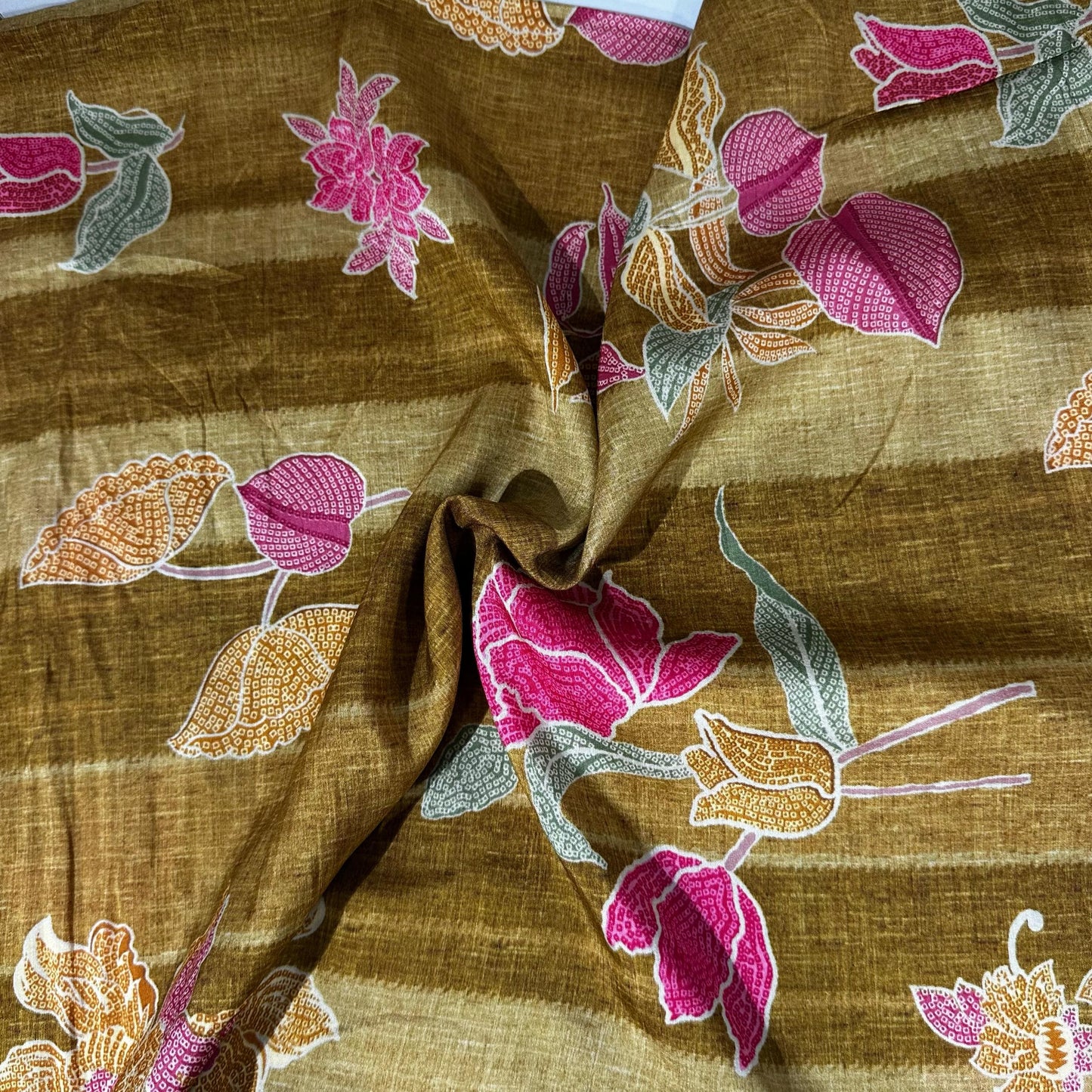 Mustard Floral Print Tusser Silk Fabric 20356
