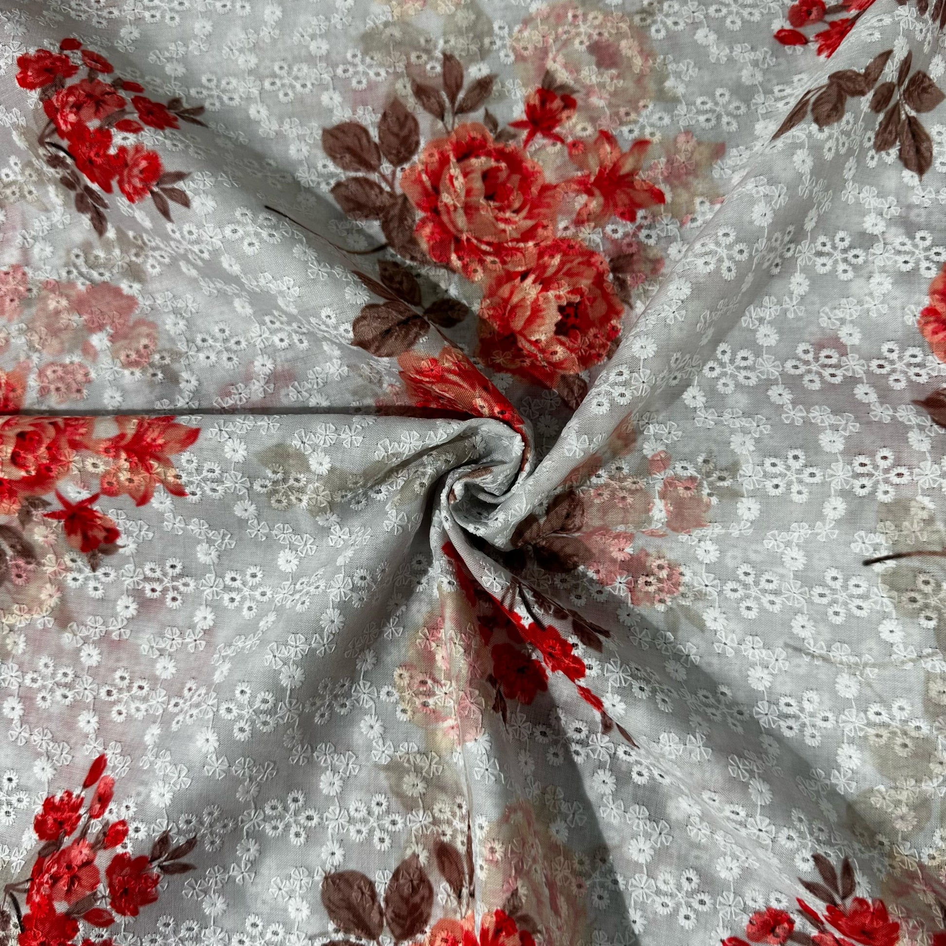 White & Pink Floral Embroidery Schiffli Cotton Fabric 11581