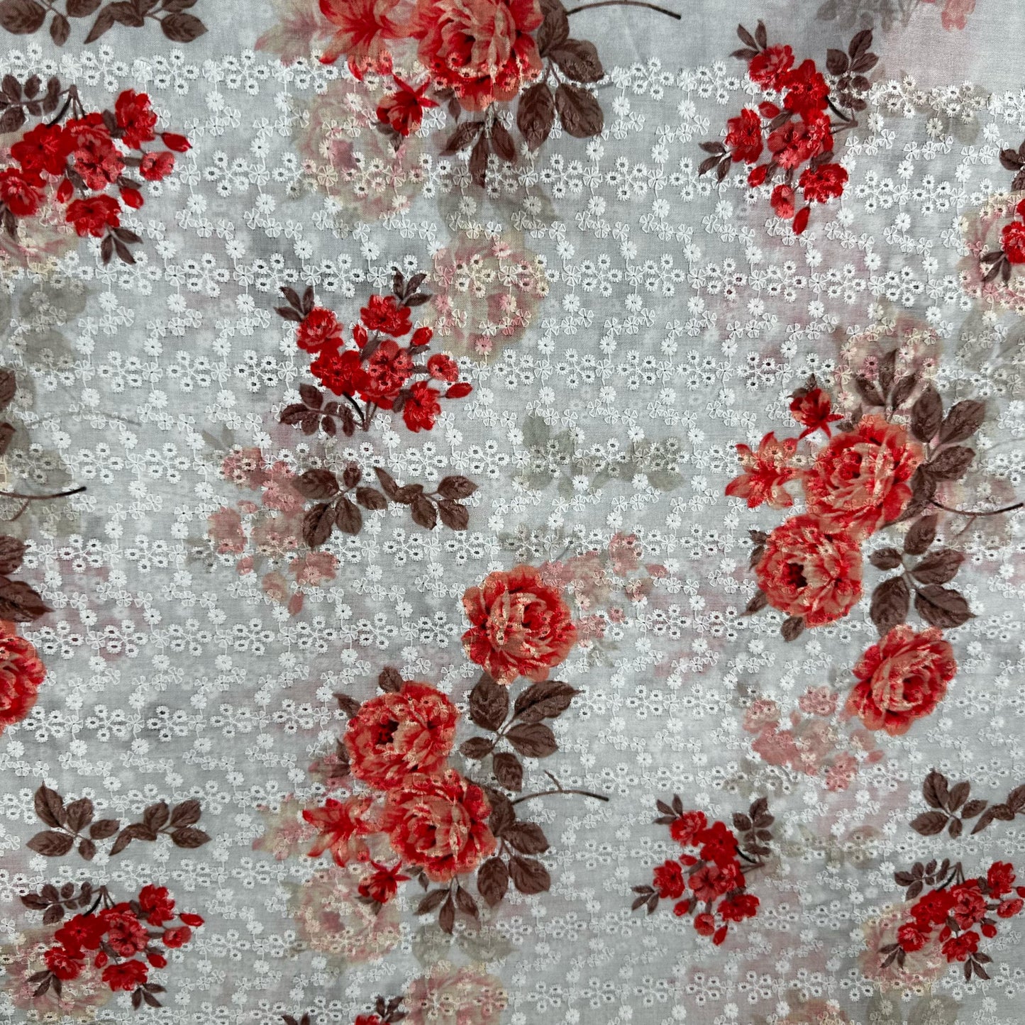 White & Pink Floral Embroidery Schiffli Cotton Fabric 11581