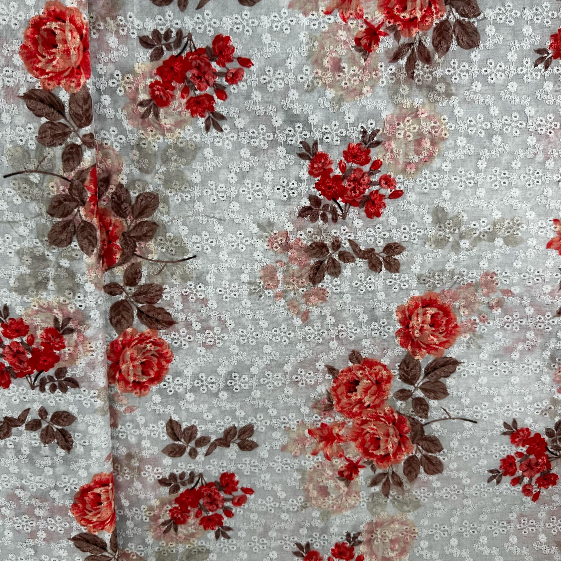 White & Pink Floral Embroidery Schiffli Cotton Fabric 11581