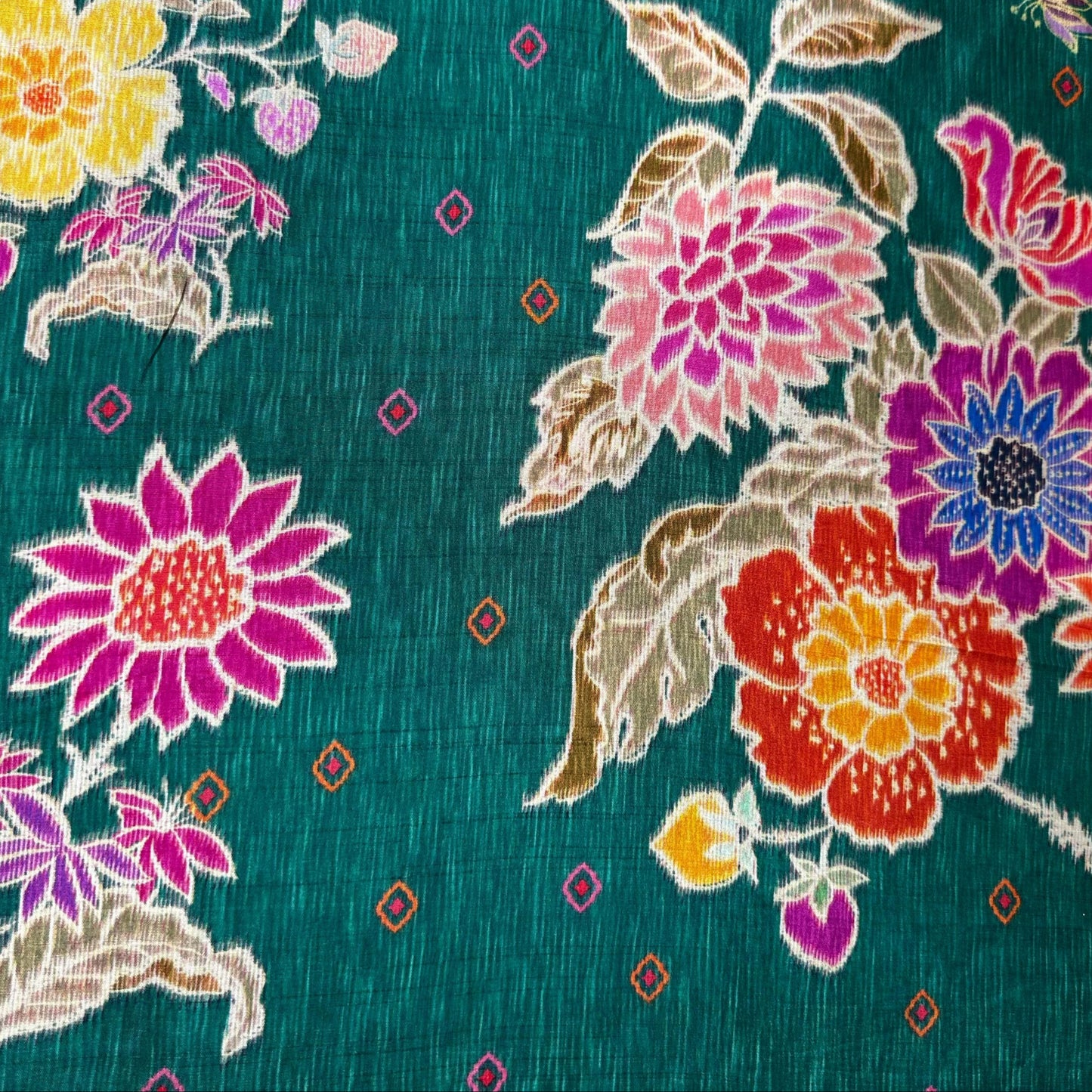 Dark Green Floral Print Tusser Silk Fabric 20359