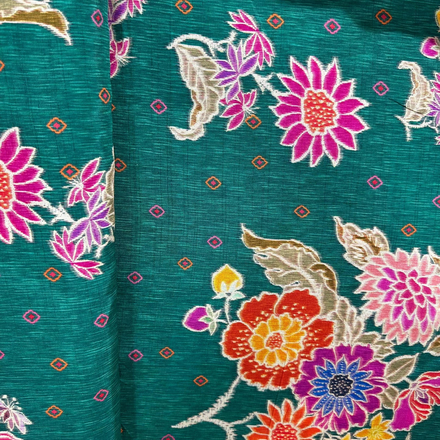 Dark Green Floral Print Tusser Silk Fabric 20359