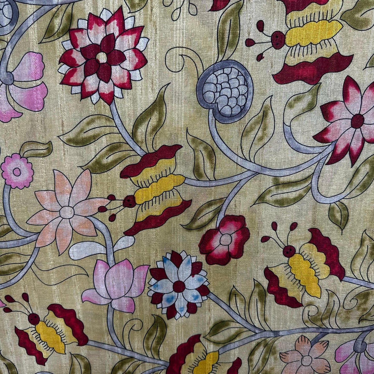 Lemon Multicolor Floral Print Slub Tusser Silk Fabric 12863