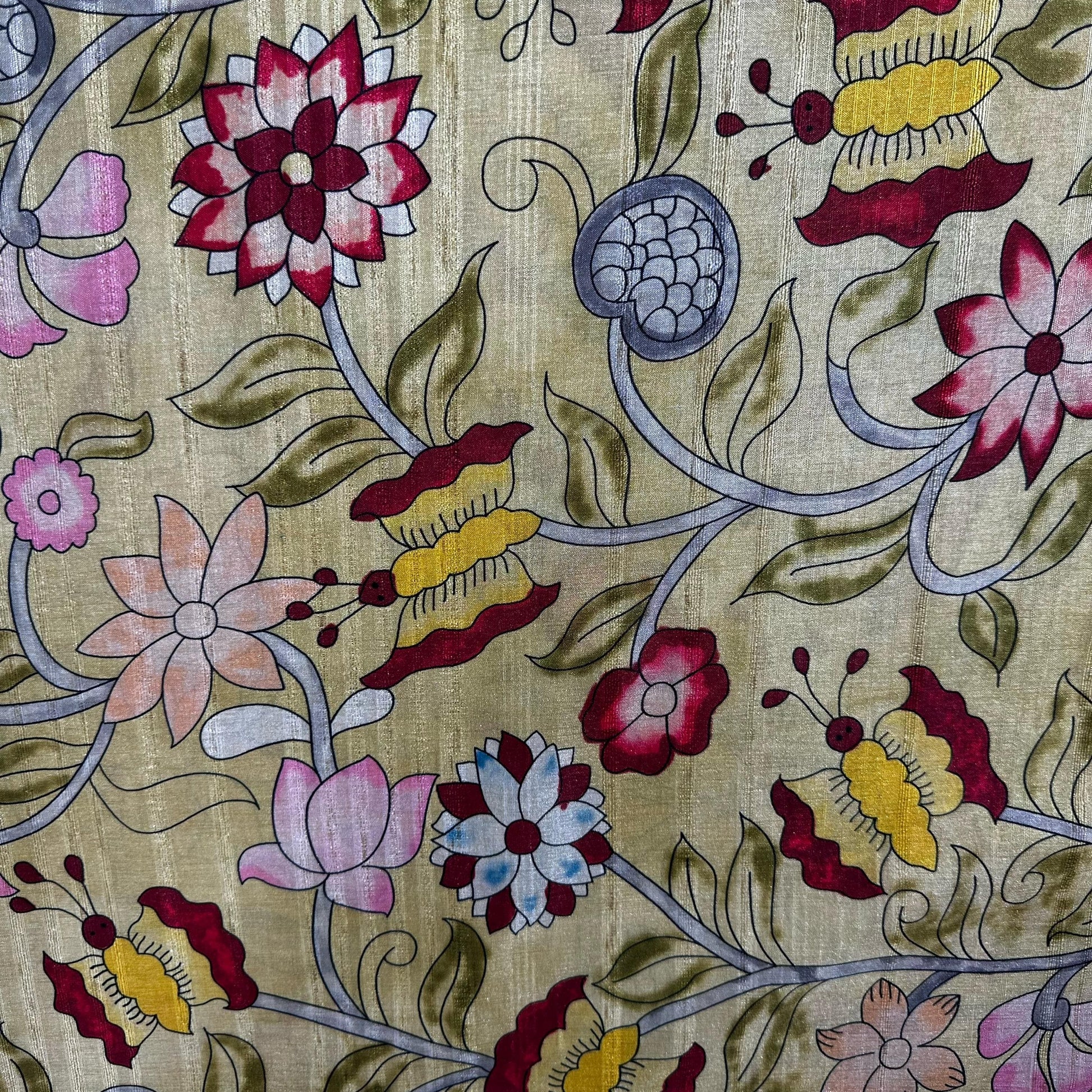 Lemon Multicolor Floral Print Slub Tusser Silk Fabric 12863