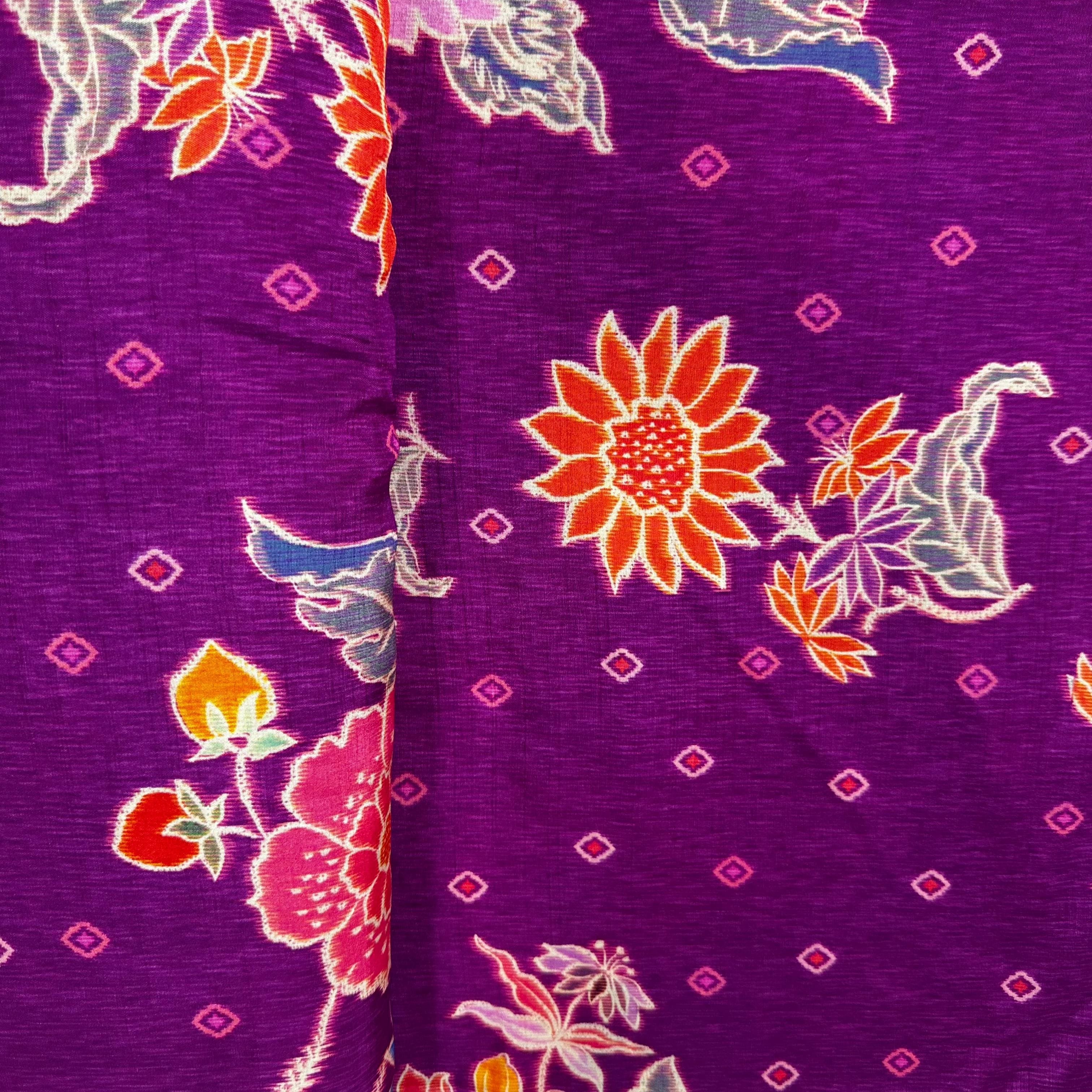 Purple Floral Print Tusser Silk Fabric 20352