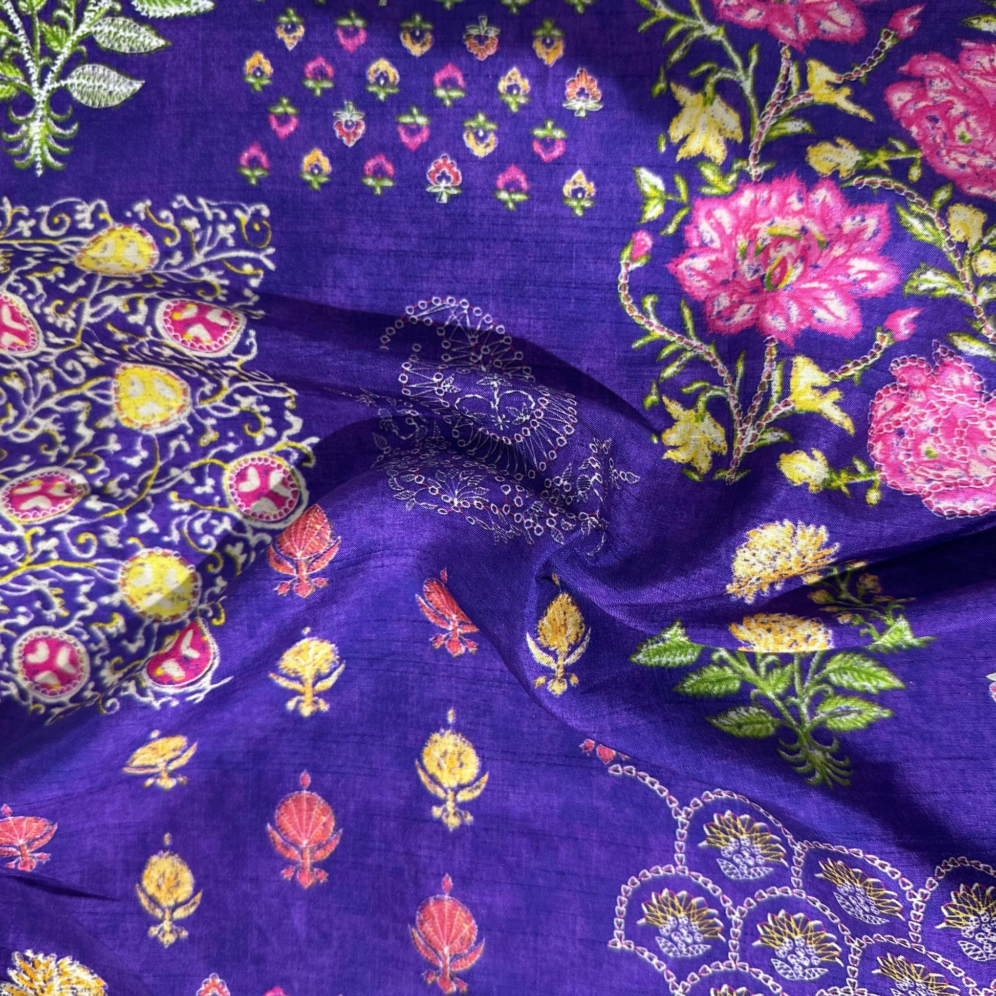 Purple Floral Print Tusser Silk Fabric 20360