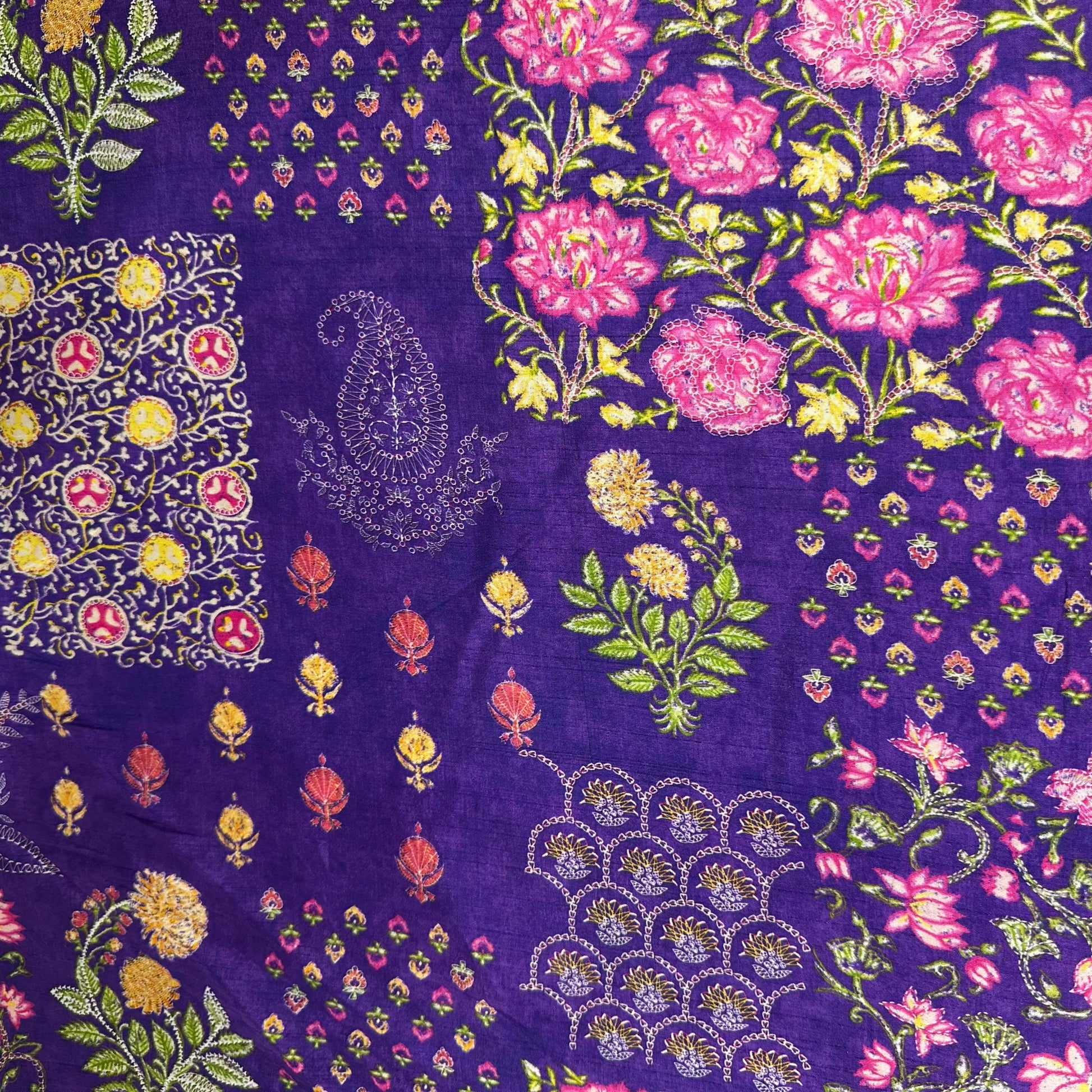 Purple Floral Print Tusser Silk Fabric 20360