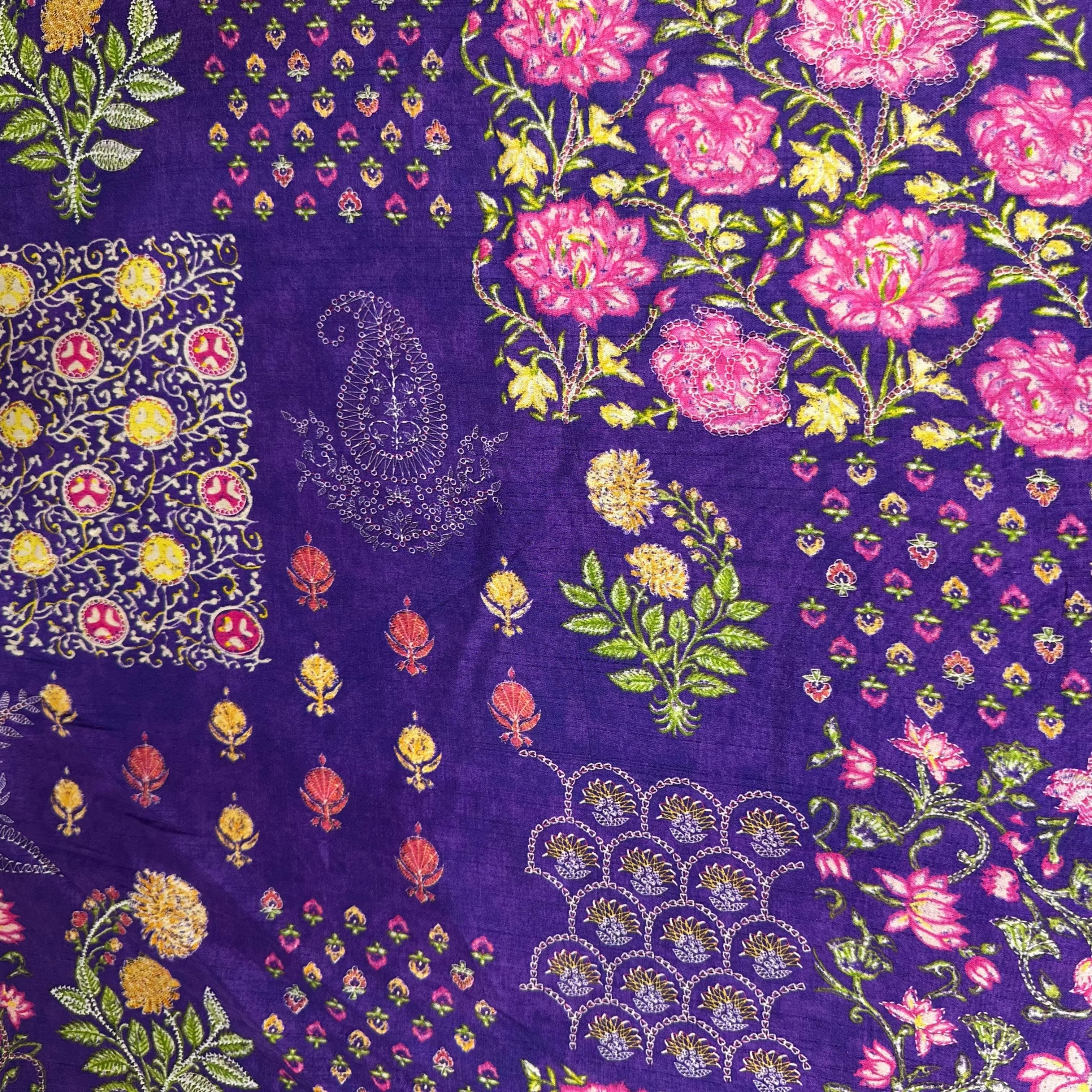 Purple Floral Print Tusser Silk Fabric 20360
