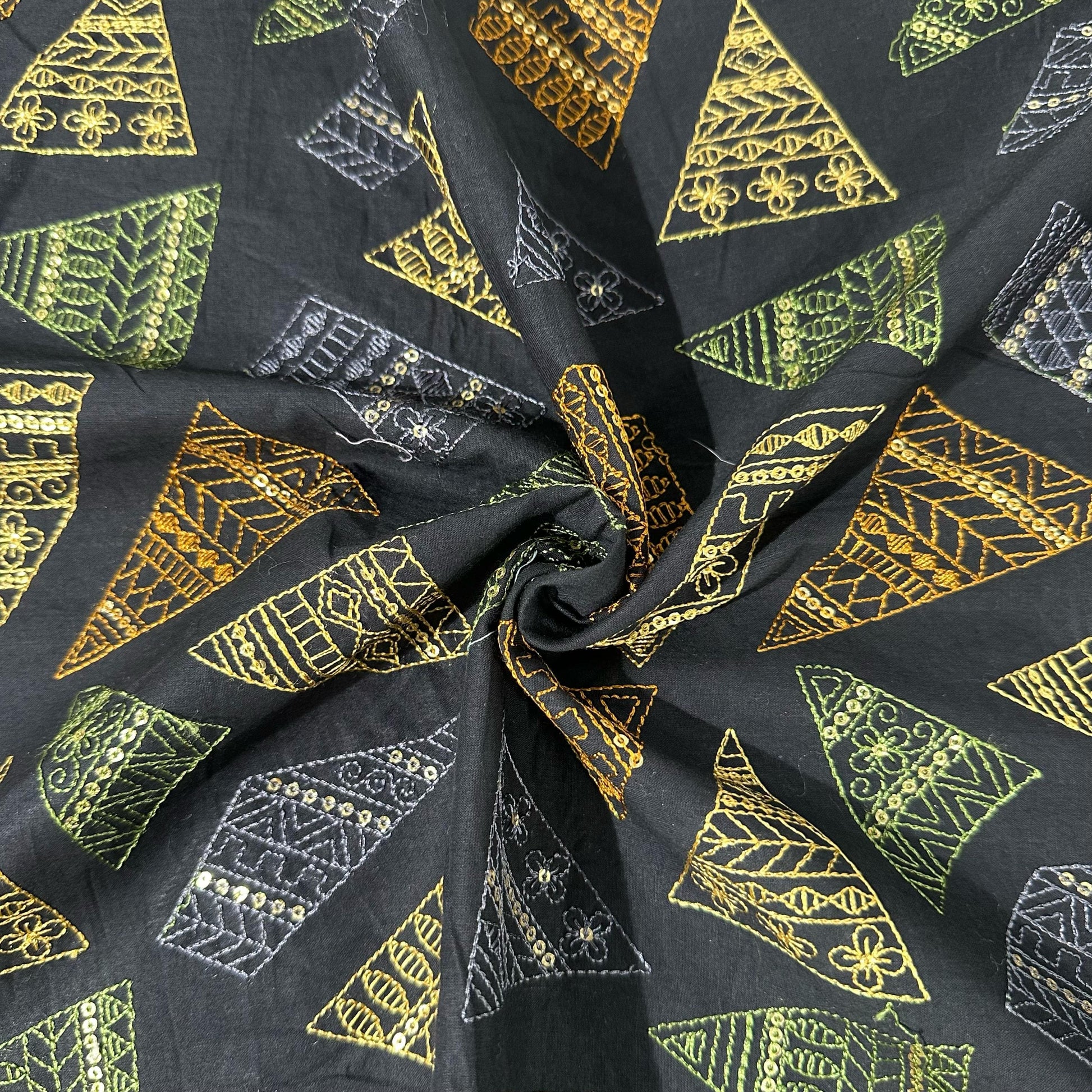 Black Abstract Thread Sequins Embroidery Cotton Fabric 15533