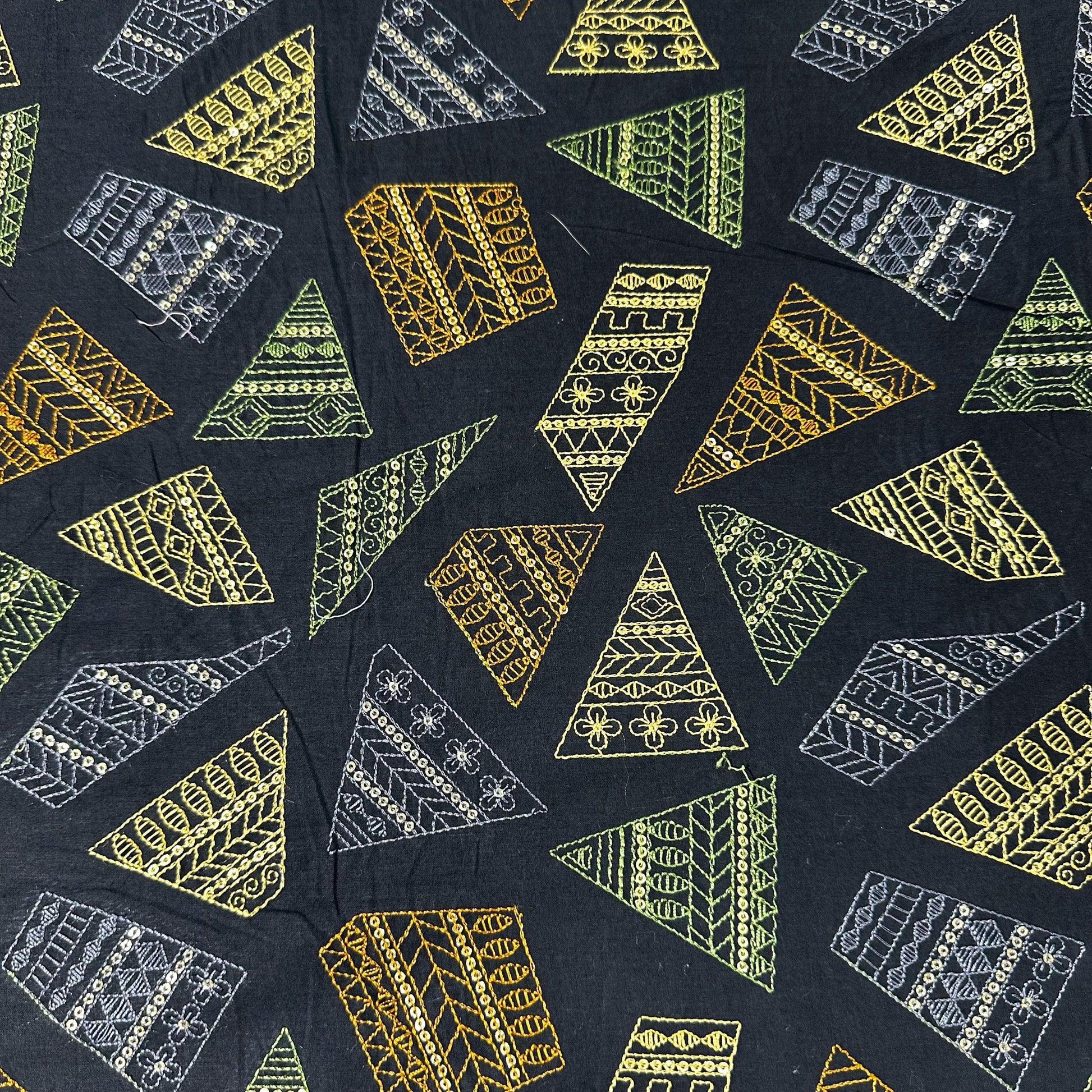 Black Abstract Thread Sequins Embroidery Cotton Fabric 15533