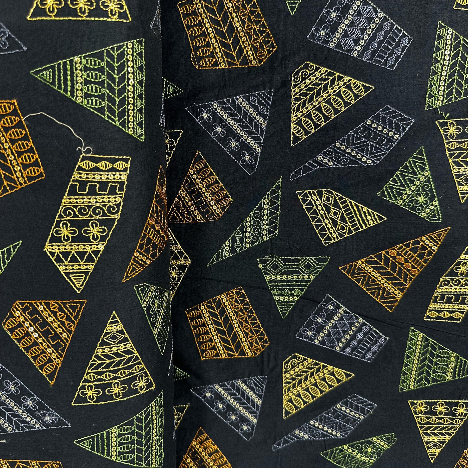 Black Abstract Thread Sequins Embroidery Cotton Fabric 15533