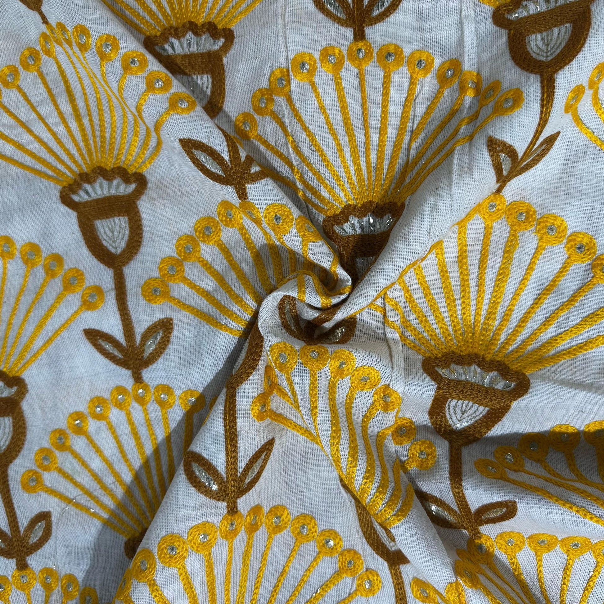 Off White Thread Embroidery Cotton Fabric 15731