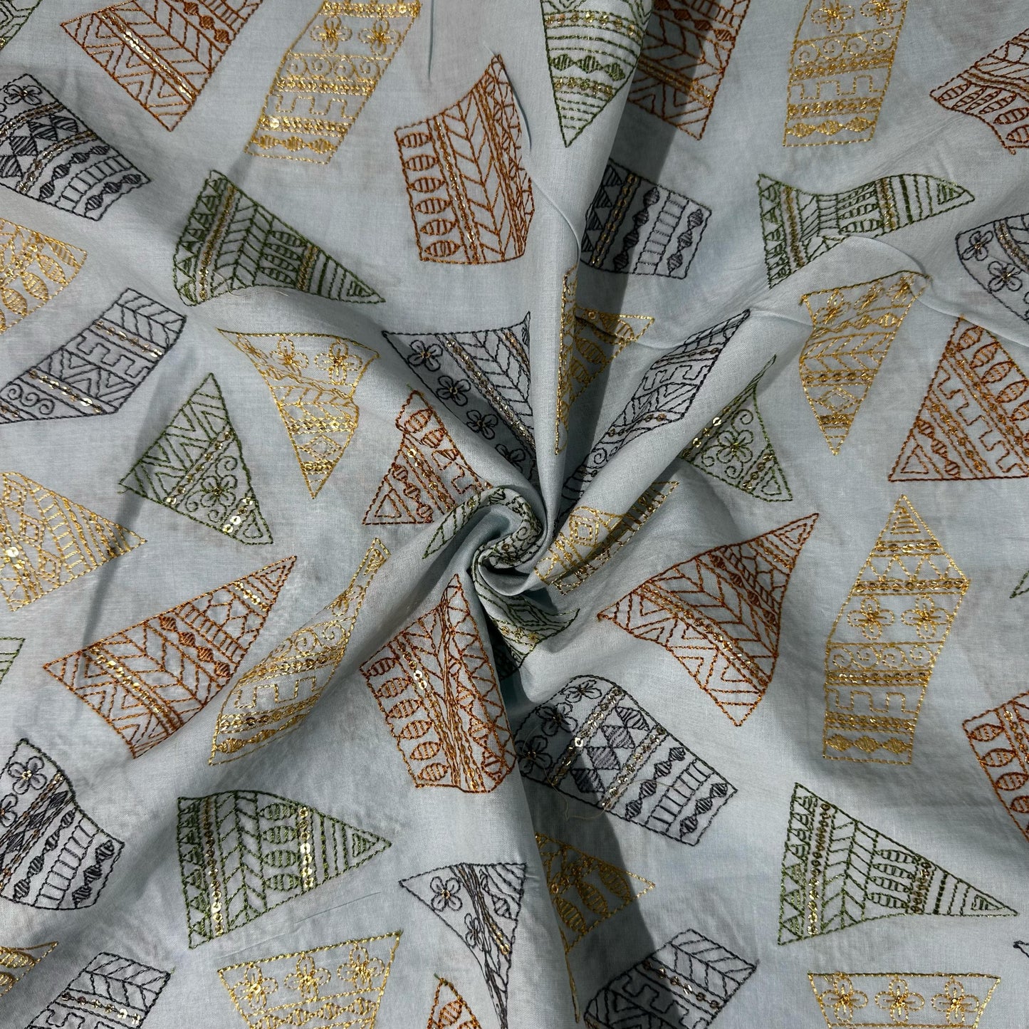 Sky Blue Abstract Thread Sequins Embroidery Cotton Fabric 15534