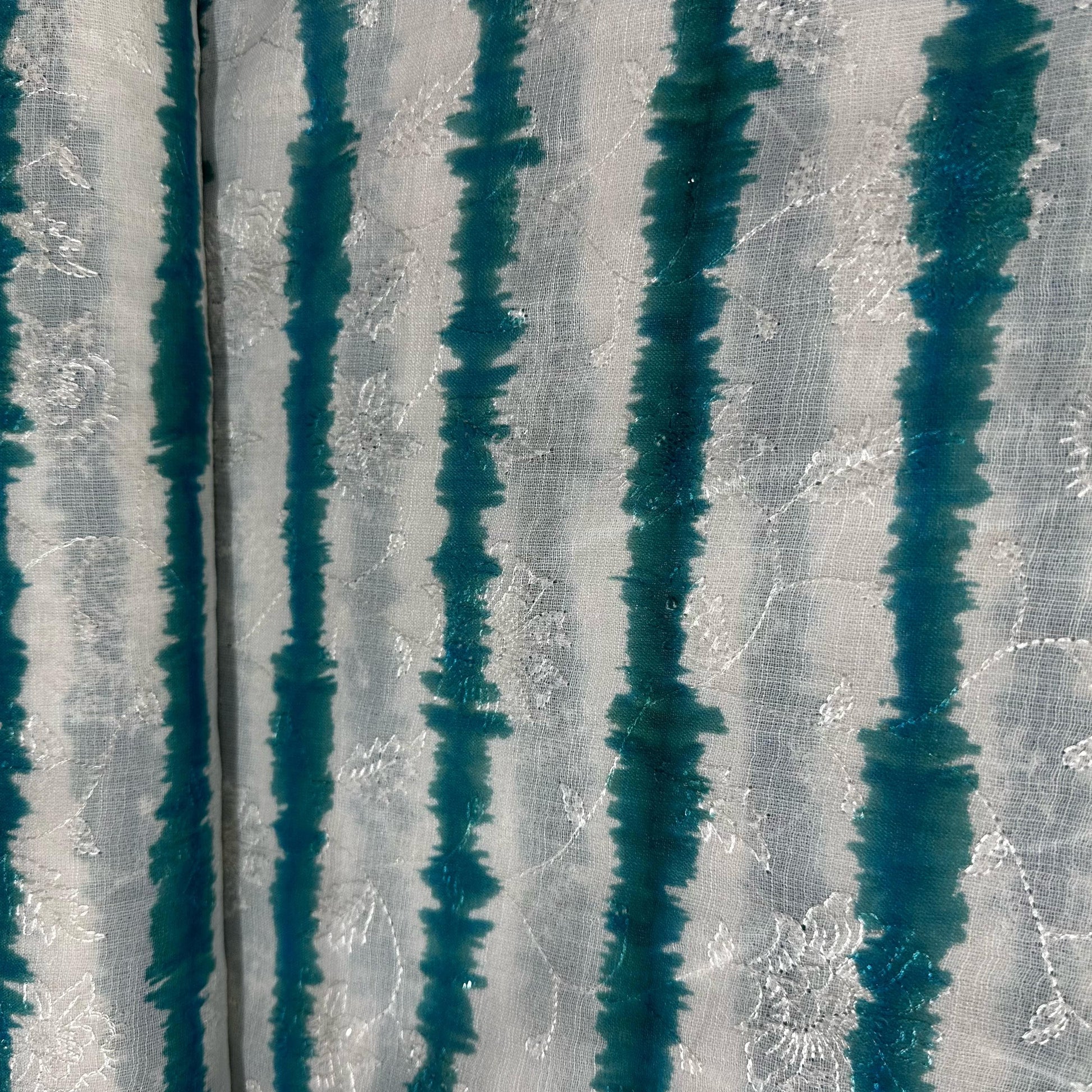 White & Teal Green Shibori Embroidery Linen Fabric 12919