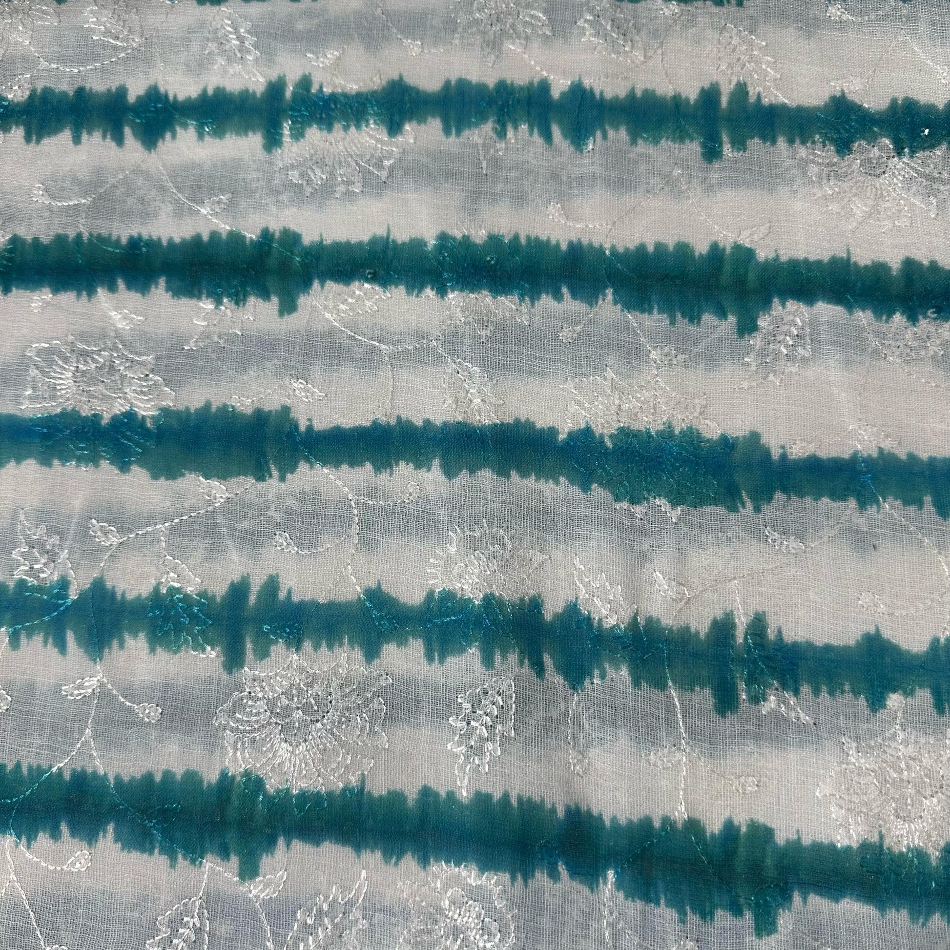White & Teal Green Shibori Embroidery Linen Fabric 12919