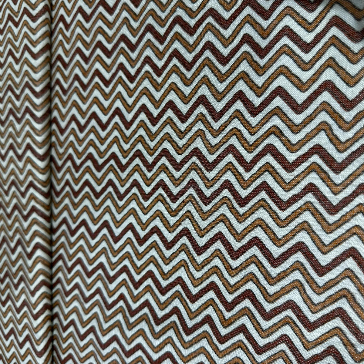 White With Orange And Brown Chevron Print Rayon Fabric 7372