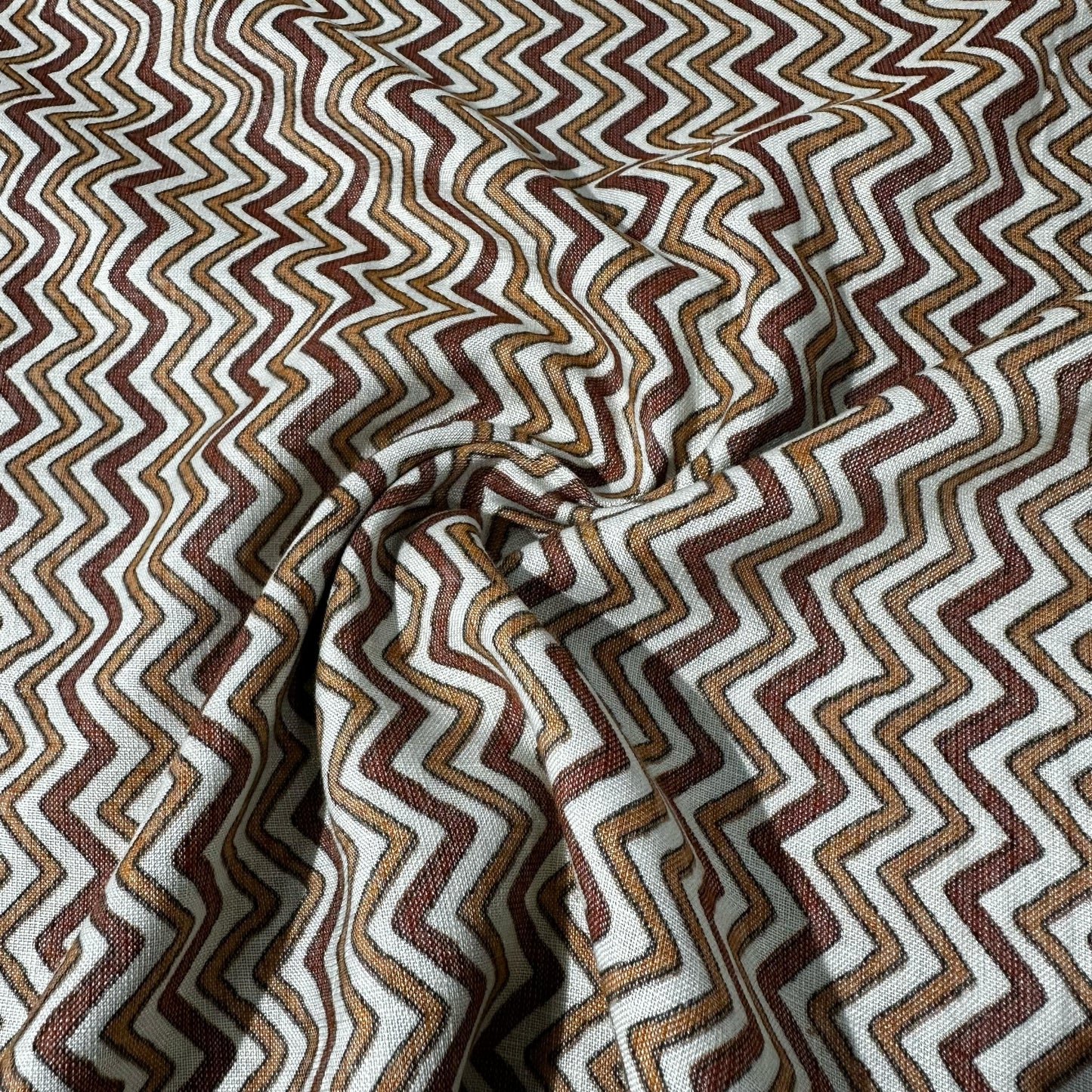 White With Orange And Brown Chevron Print Rayon Fabric 7372